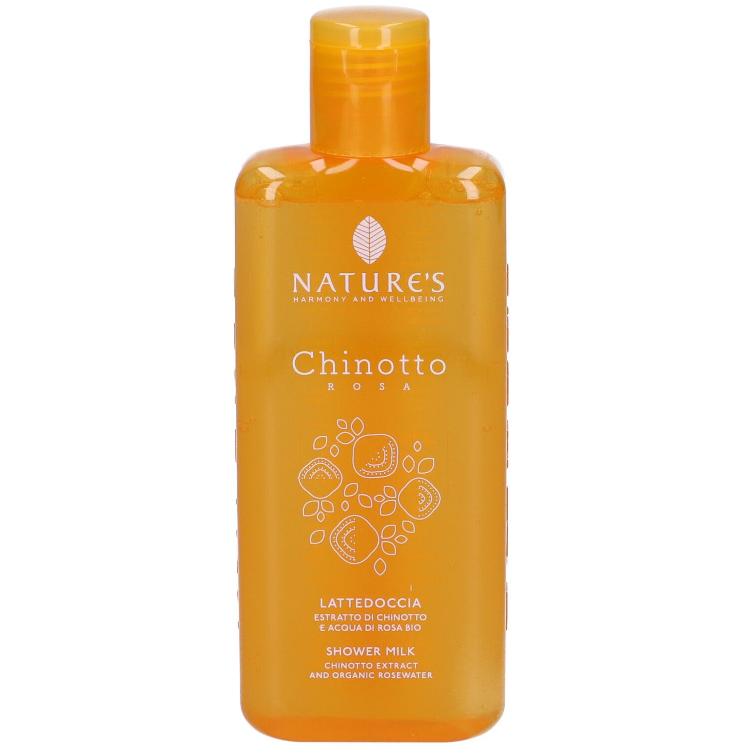 Orangefarbene Flasche mit Nature's Chinotto Rosa Duschmilch. Enthält Chinotto-Extrakt und Bio-Rosenwasser.