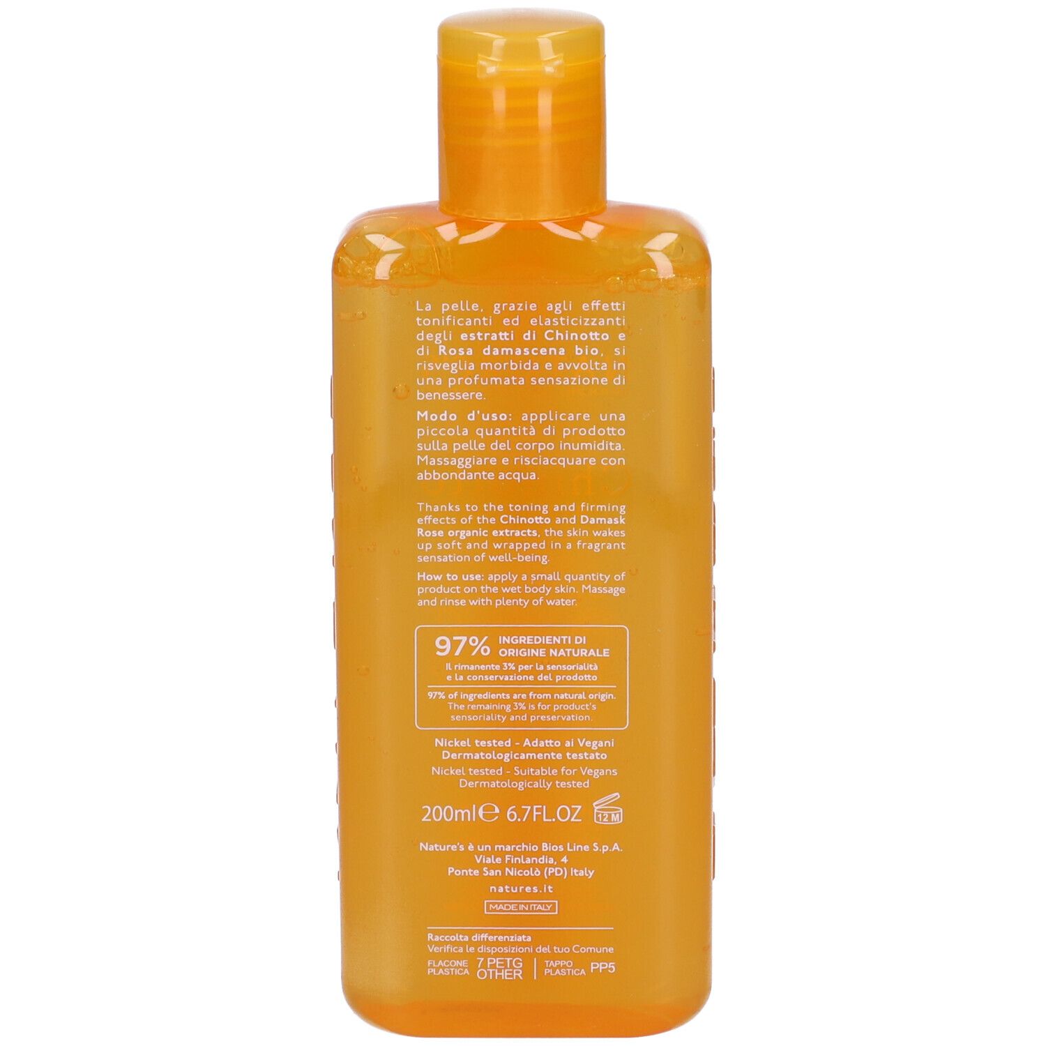 Orangefarbene Flasche mit Etikett, 200ml.