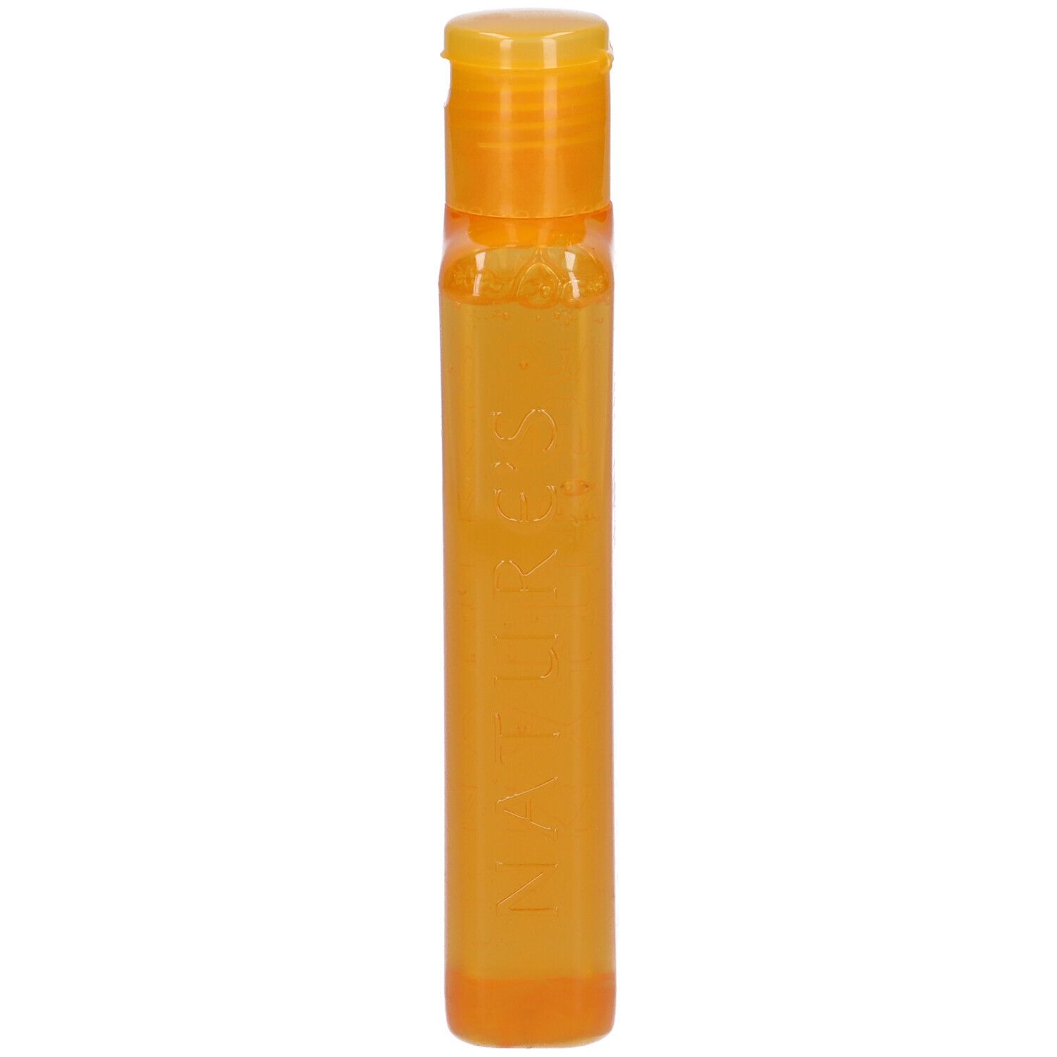 Orangefarbene Tube mit aufklappbarem Deckel, gefüllt mit gelblicher Flüssigkeit.