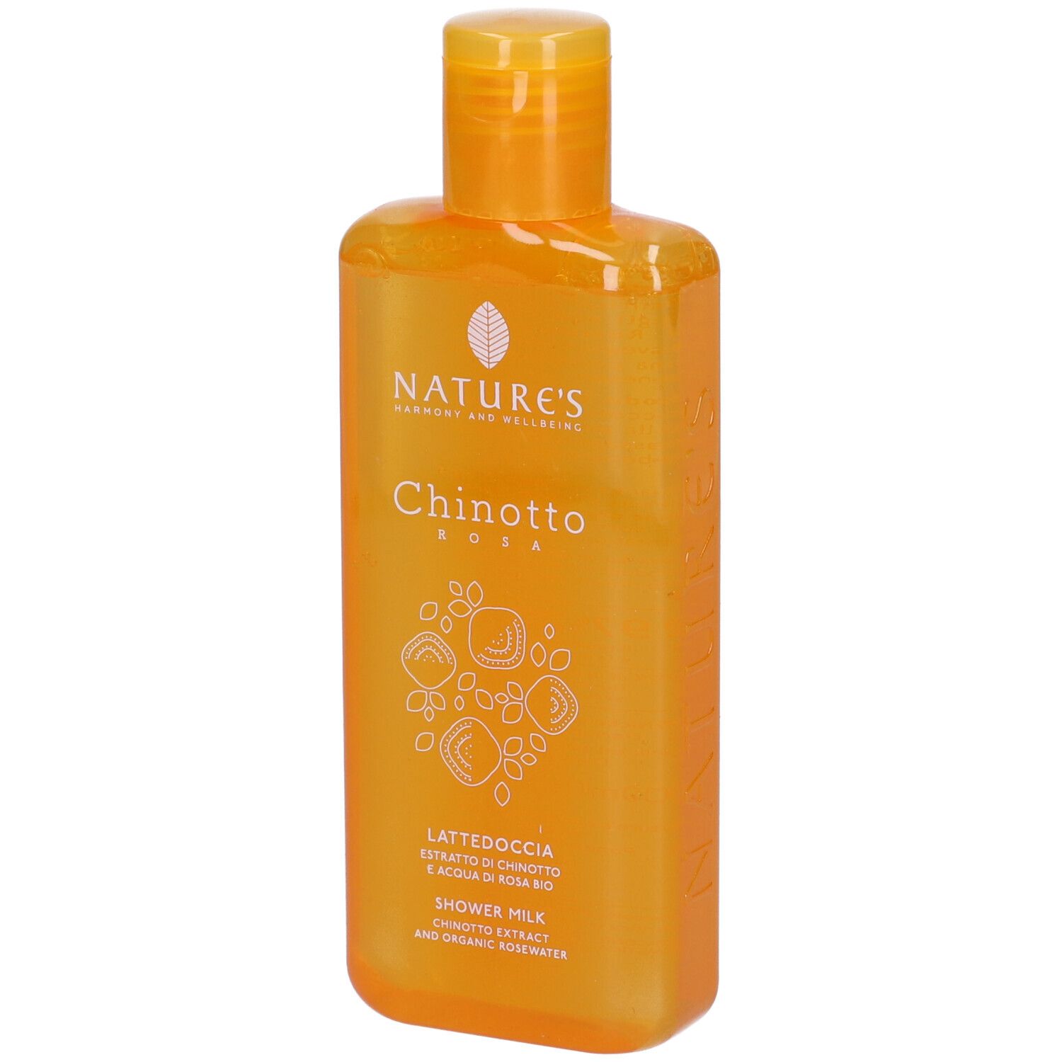 Orangefarbene Flasche mit Nature's Chinotto Rosa Duschmilch. Enthält Zinnottosamenextrakt und Bio-Rosenwasser.