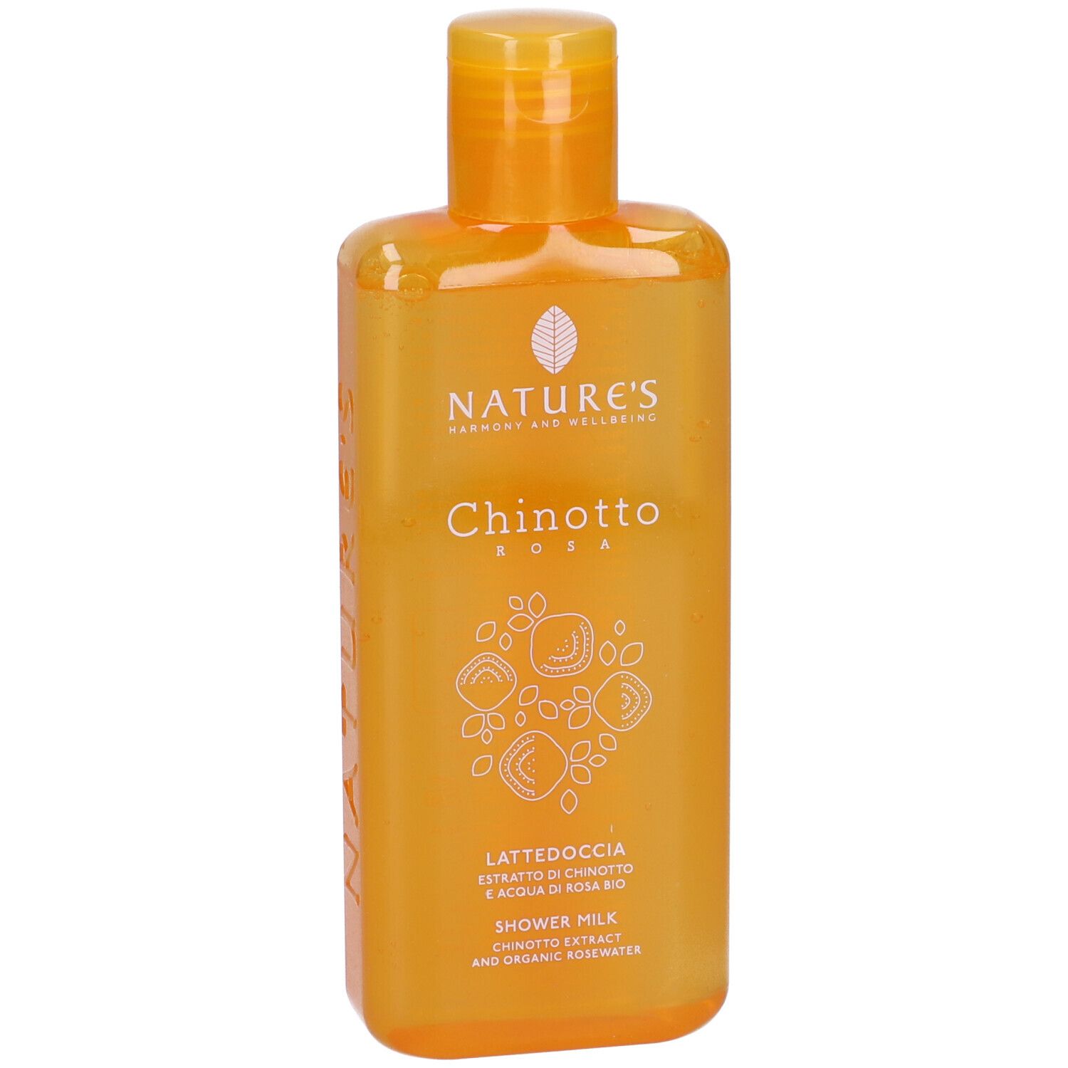 Orangefarbene Flasche mit Nature's Chinotto Rosa Duschmilch. Enthält Chinotto-Extrakt und Bio-Rosenwasser.