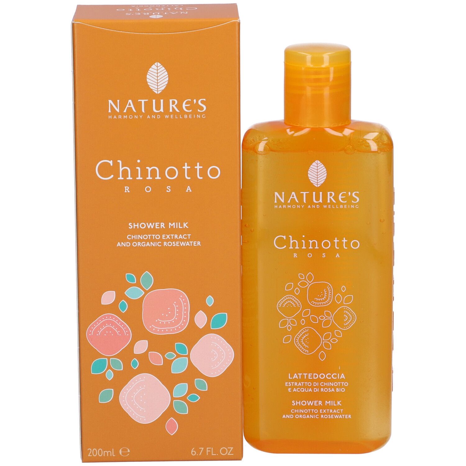 Nature's Chinotto Rosa Shower Milk in orangefarbener Flasche und Kartonverpackung, 200ml.