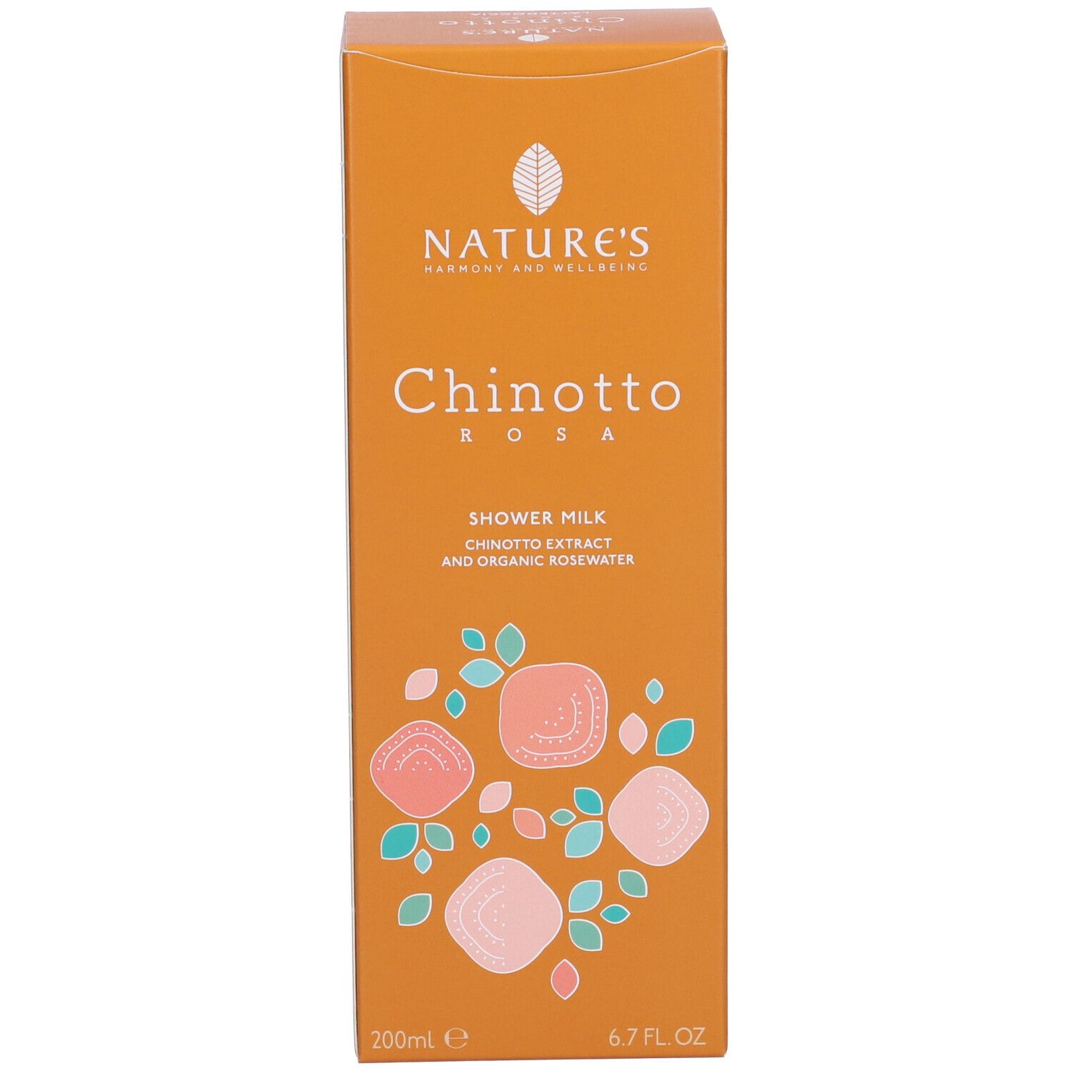 Orangefarbene Verpackung für Nature's Chinotto Rosa Duschmilch, 200ml, mit Rosen- und Blätterdesign.