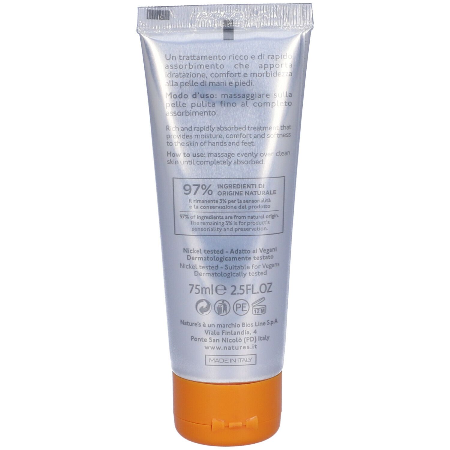Retro del tubo crema. Testo: 97% ingredienti di origine naturale. Nickel tested. Vegan.