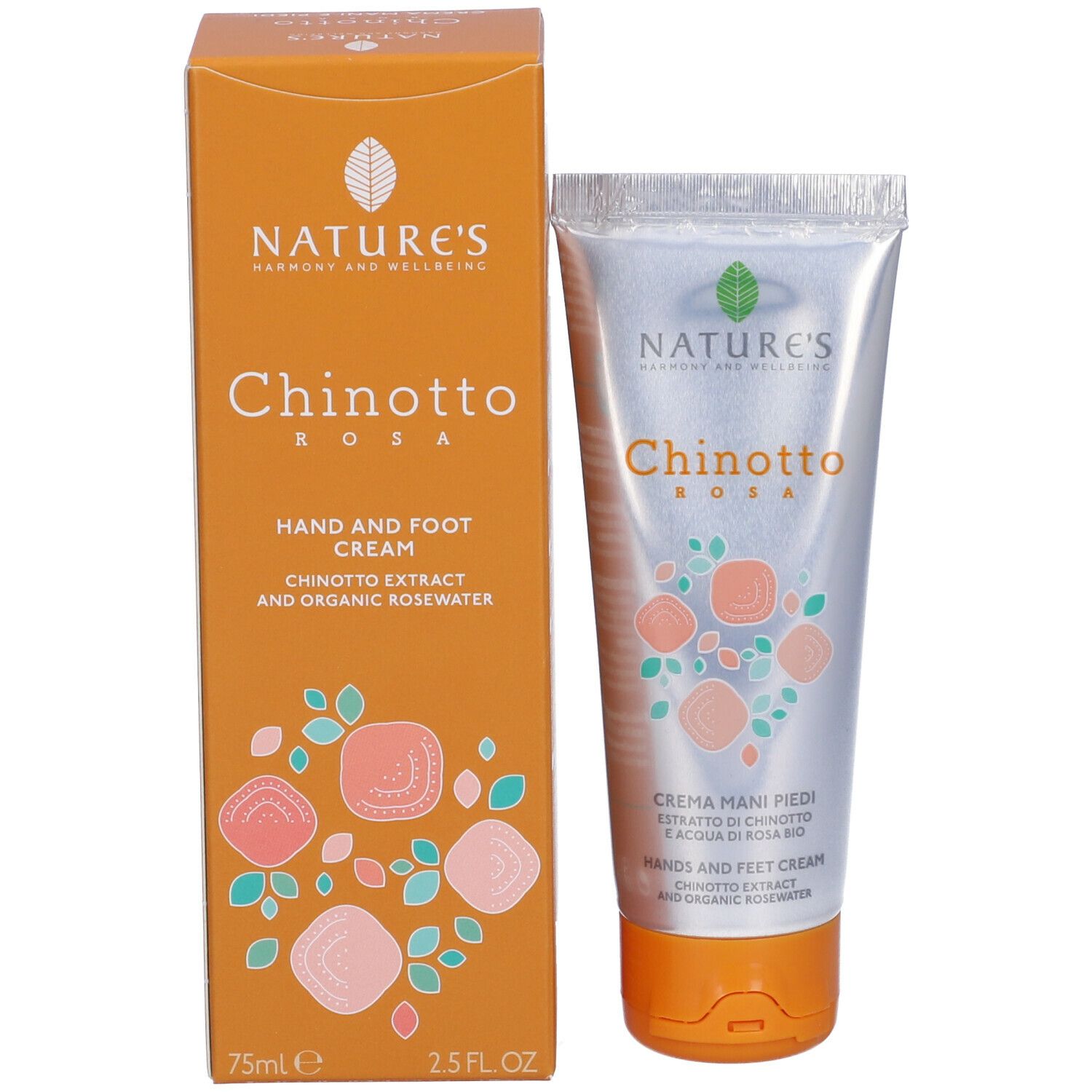 Confezione e tubo crema. Confezione: NATURE'S, Chinotto Rosa. Tubo: Chinotto Rosa, crema mani e piedi.