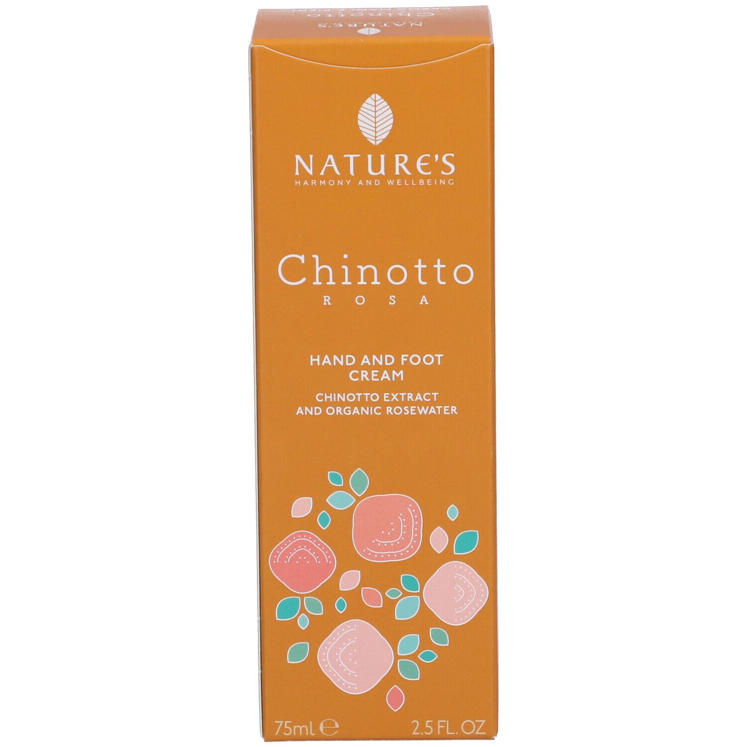 Confezione del prodotto. Scatola arancione con scritta: NATURE'S, Chinotto Rosa, crema mani e piedi. Illustrazioni di rose.