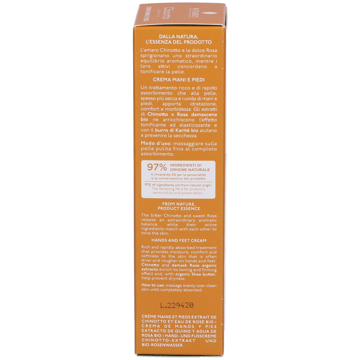 Confezione del prodotto. Testo: crema mani e piedi. 97% ingredienti di origine naturale. Ingredienti.