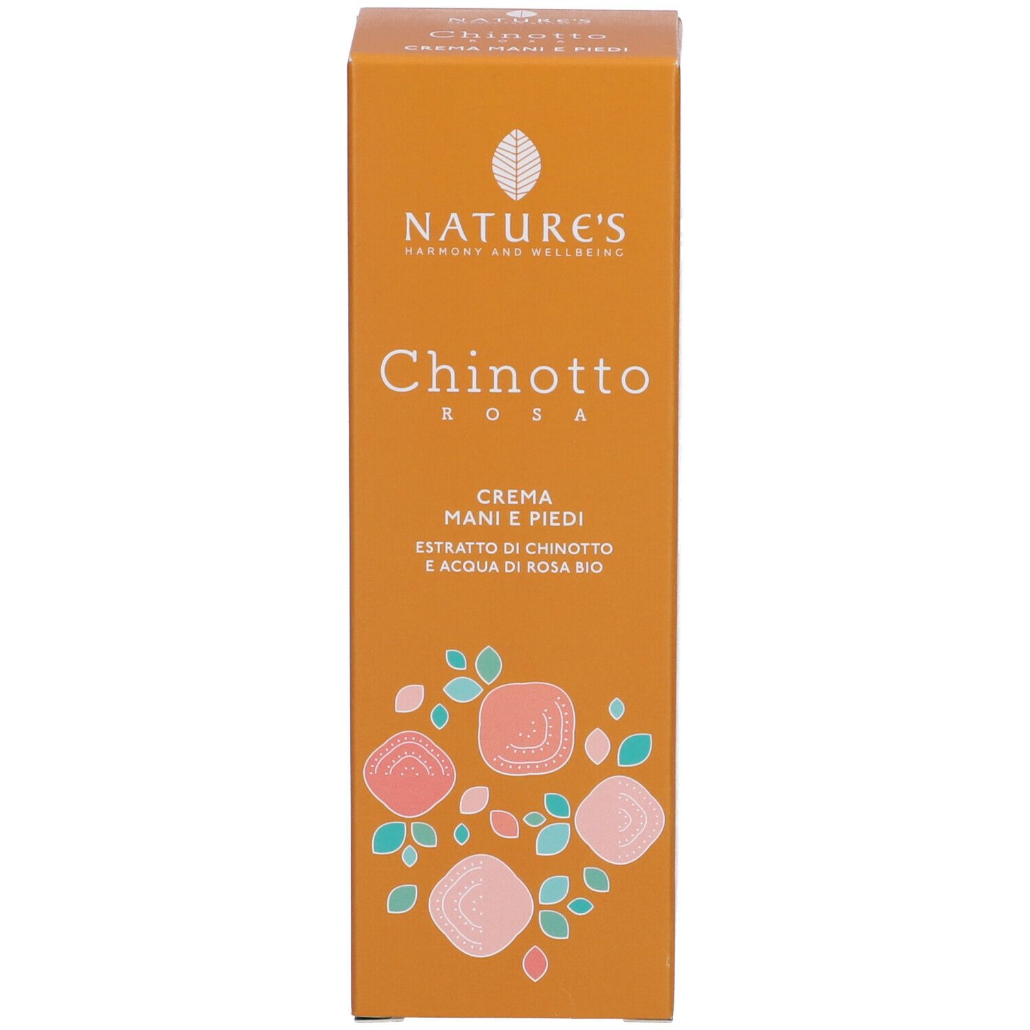 Confezione del prodotto. Scritta: NATURE'S, Chinotto Rosa, crema mani e piedi. Illustrazioni di rose.