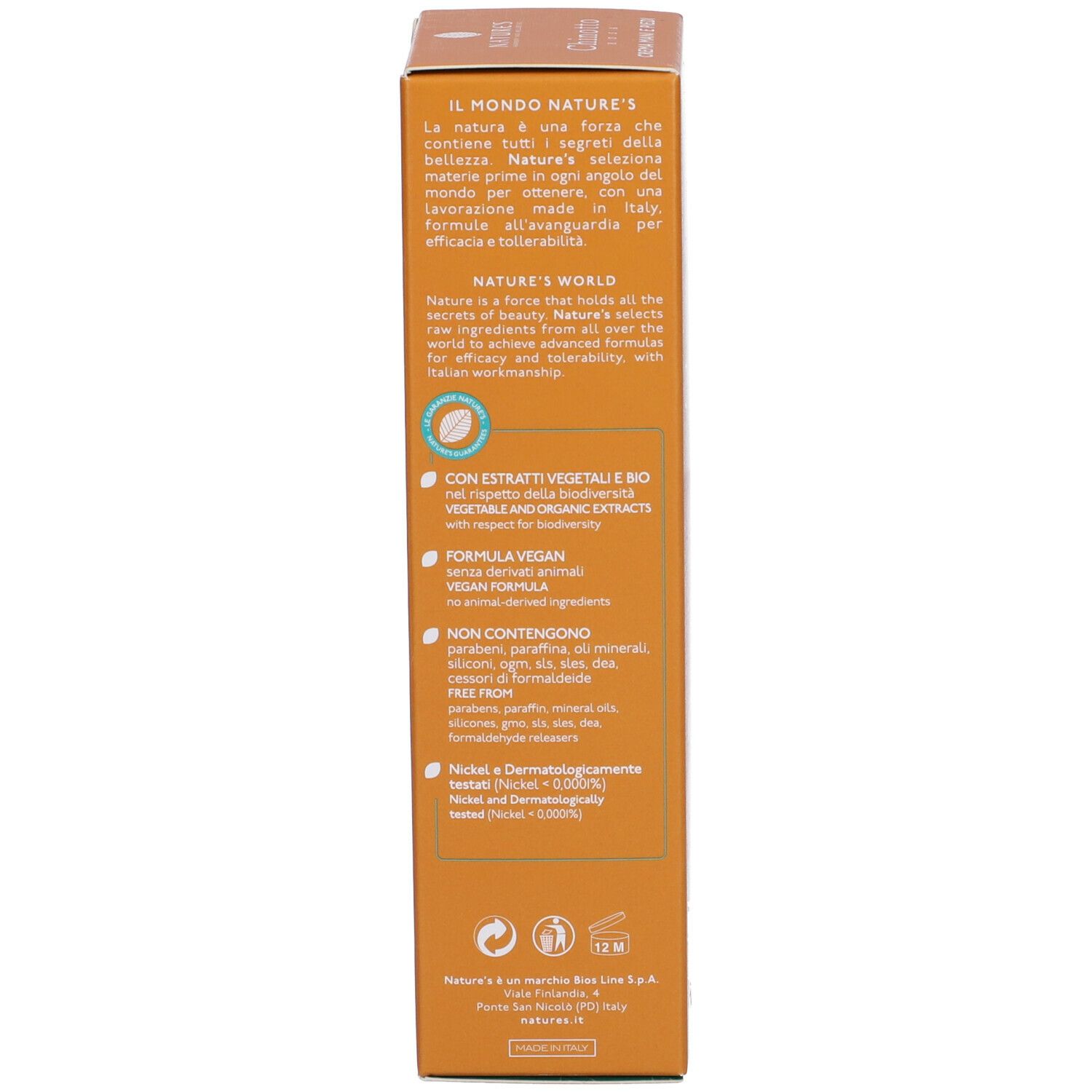 Confezione del prodotto. Testo: NATURE'S WORLD. Con estratti vegetali e bio. Vegan. Nickel tested.