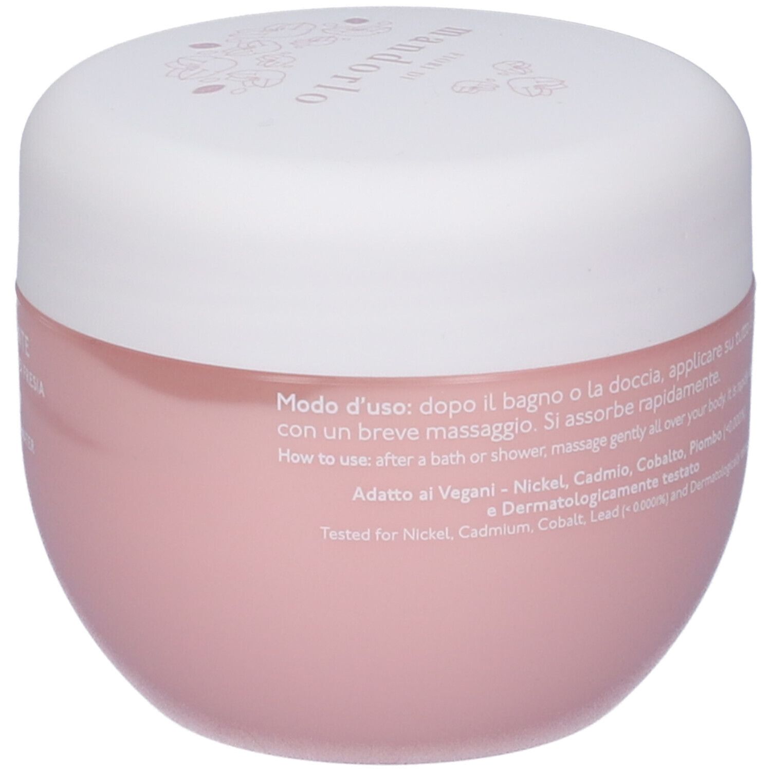 Rosa Tiegel mit weißem Deckel. Aufschrift NATURE'S. Text: Modo d'uso, Adatto ai Vegani, Dermatologisch getestet. Enthält keine Nickel, Cadmium, Cobalt, Blei.