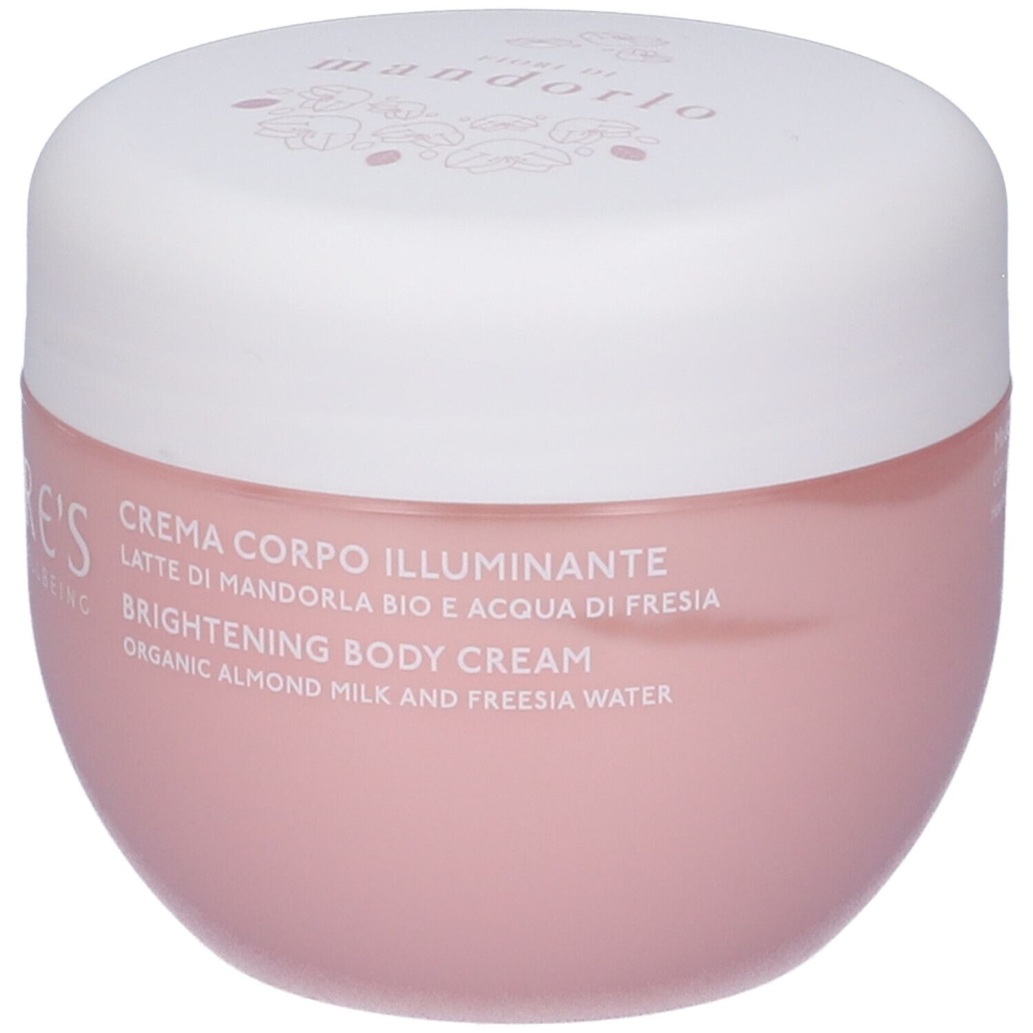 Rosa Tiegel mit weißem Deckel. Aufschrift NATURE'S. Text: CREMA CORPO ILLUMINANTE, BRIGHTENING BODY CREAM, mit Mandelmilch und Freesienwasser.