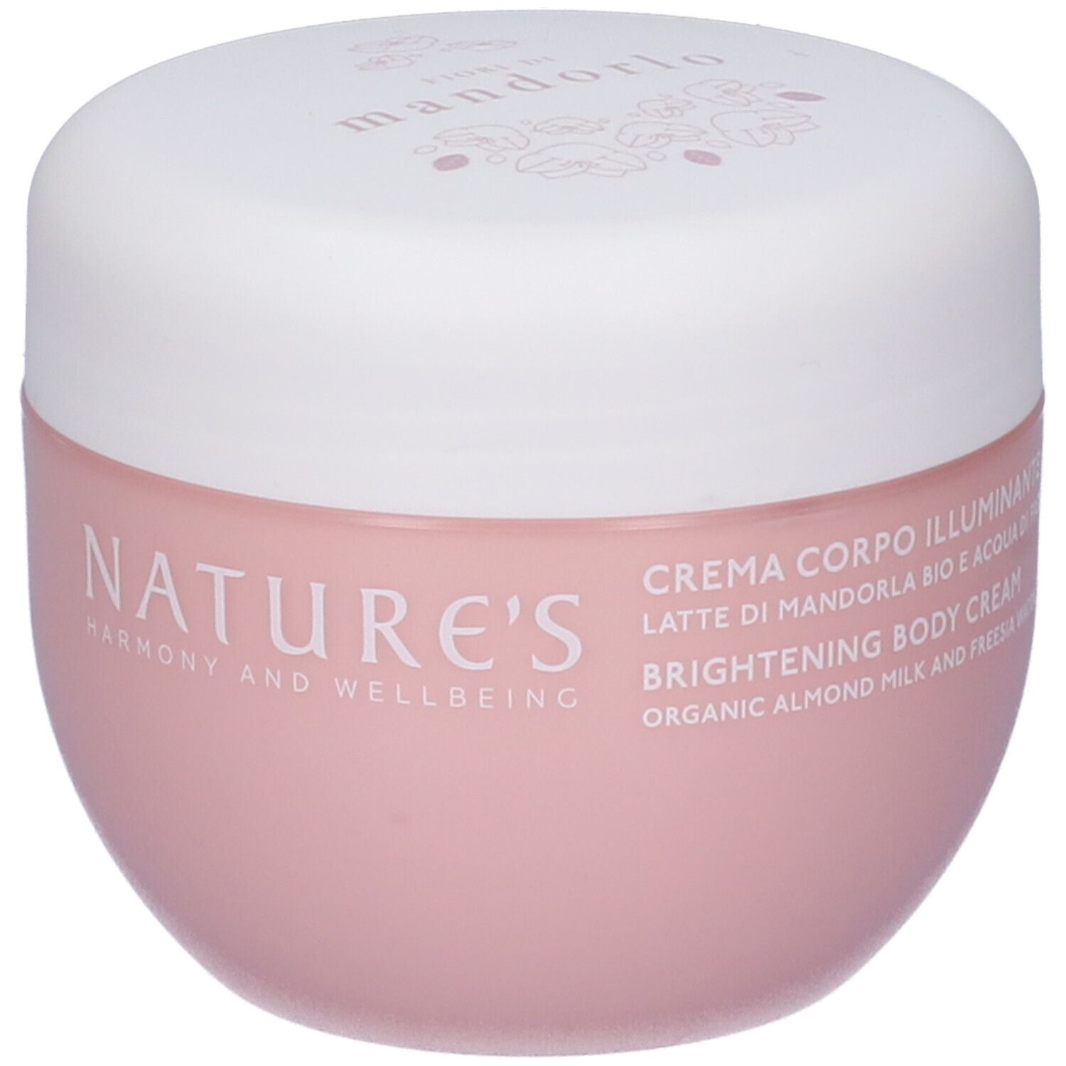 Rosa Tiegel mit weißem Deckel. Aufschrift NATURE'S, darunter HARMONY AND WELLBEING. Text: CREMA CORPO ILLUMINANTE, BRIGHTENING BODY CREAM.