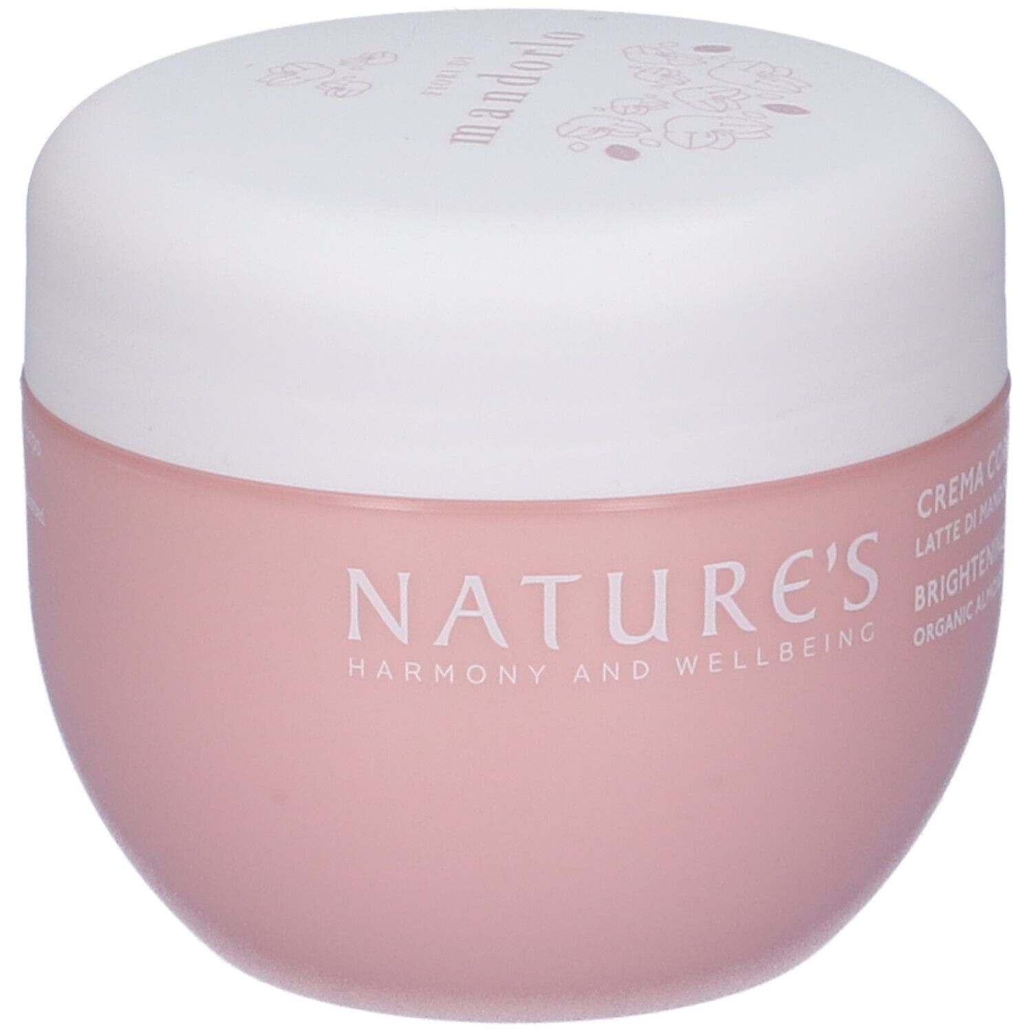 Rosa Tiegel mit weißem Deckel. Aufschrift NATURE'S, darunter HARMONY AND WELLBEING. Text: CREMA CORPO ILLUMINANTE, BRIGHTENING BODY CREAM.