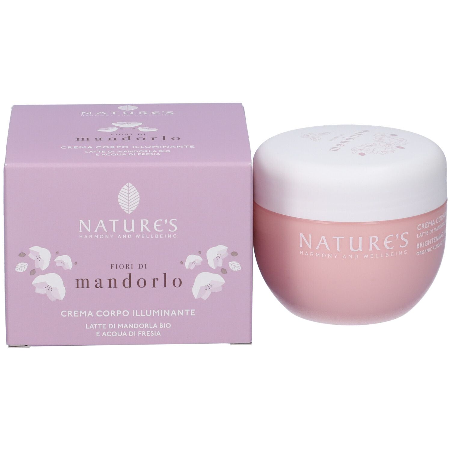 Rosa Tiegel und Schachtel. Aufschrift NATURE'S, darunter FIORI DI MANDORLO. Text: CREMA CORPO ILLUMINANTE, mit Mandelmilch und Freesienwasser.