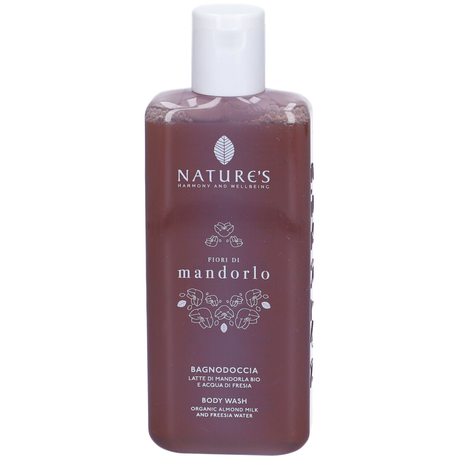 Flacone marrone con tappo bianco. Scritte: NATURE'S, Fiori di Mandorlo, Bagnodoccia, Body Wash.