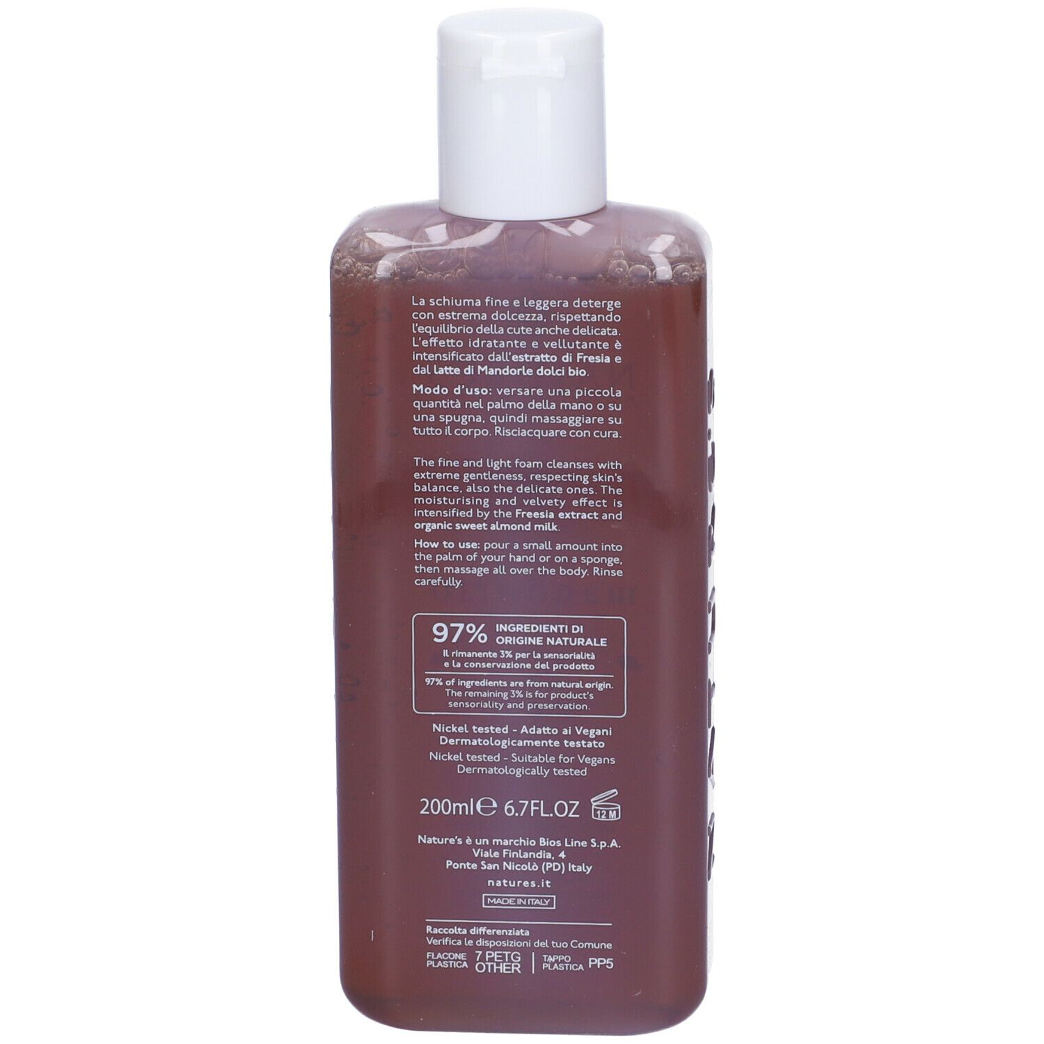 Retro di un flacone marrone con tappo bianco. Testo: 97% ingredienti naturali, 200ml, testato al nichel.