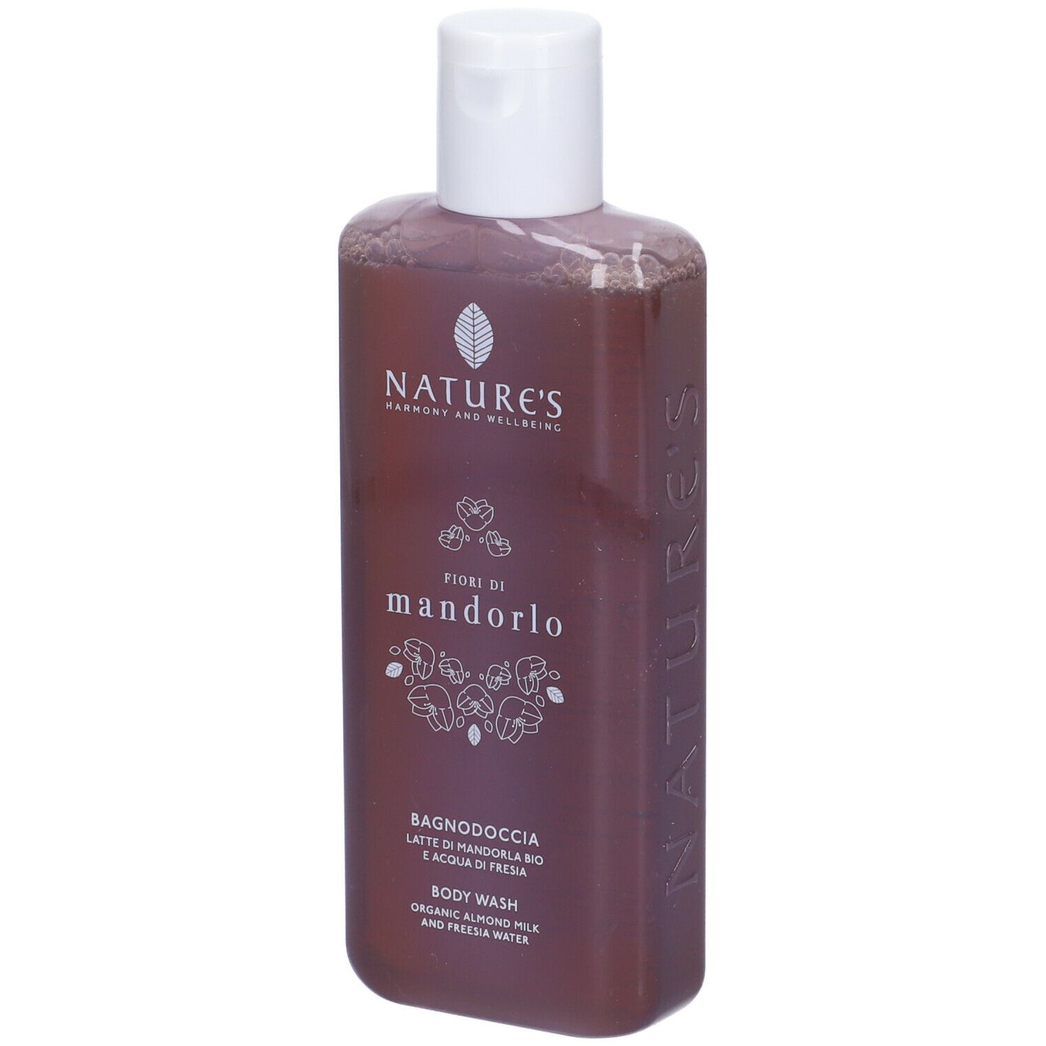 Flacone marrone con tappo bianco. Scritte: NATURE'S, Fiori di Mandorlo, Bagnodoccia, Body Wash.