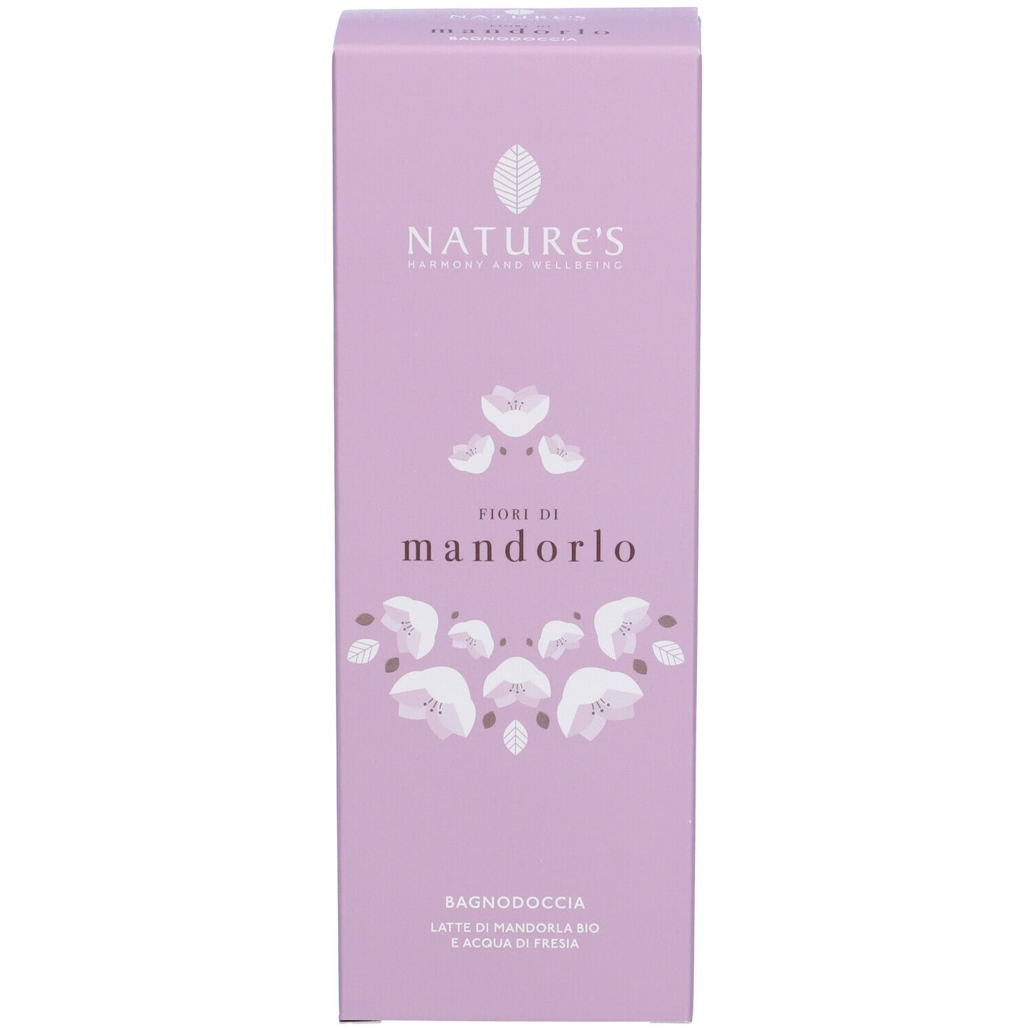 Scatola viola. Scritte: NATURE'S, Fiori di Mandorlo, Bagnodoccia.