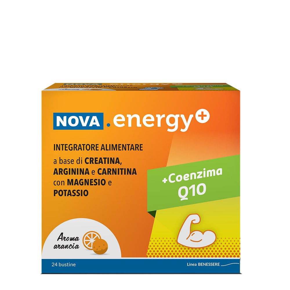 Integratore alimentare NOVA.energy+ in scatola. Contiene 24 bustine. Scritta: +Coenzima Q10, Aroma arancia.