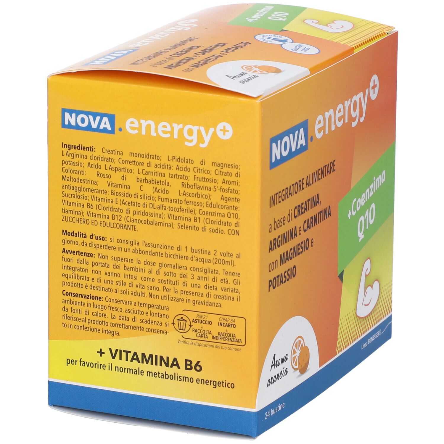 Scatola integratore alimentare NOVA.energy+. Scritta: +Coenzima Q10, Aroma arancia, 24 bustine. Contiene vitamina B6.
