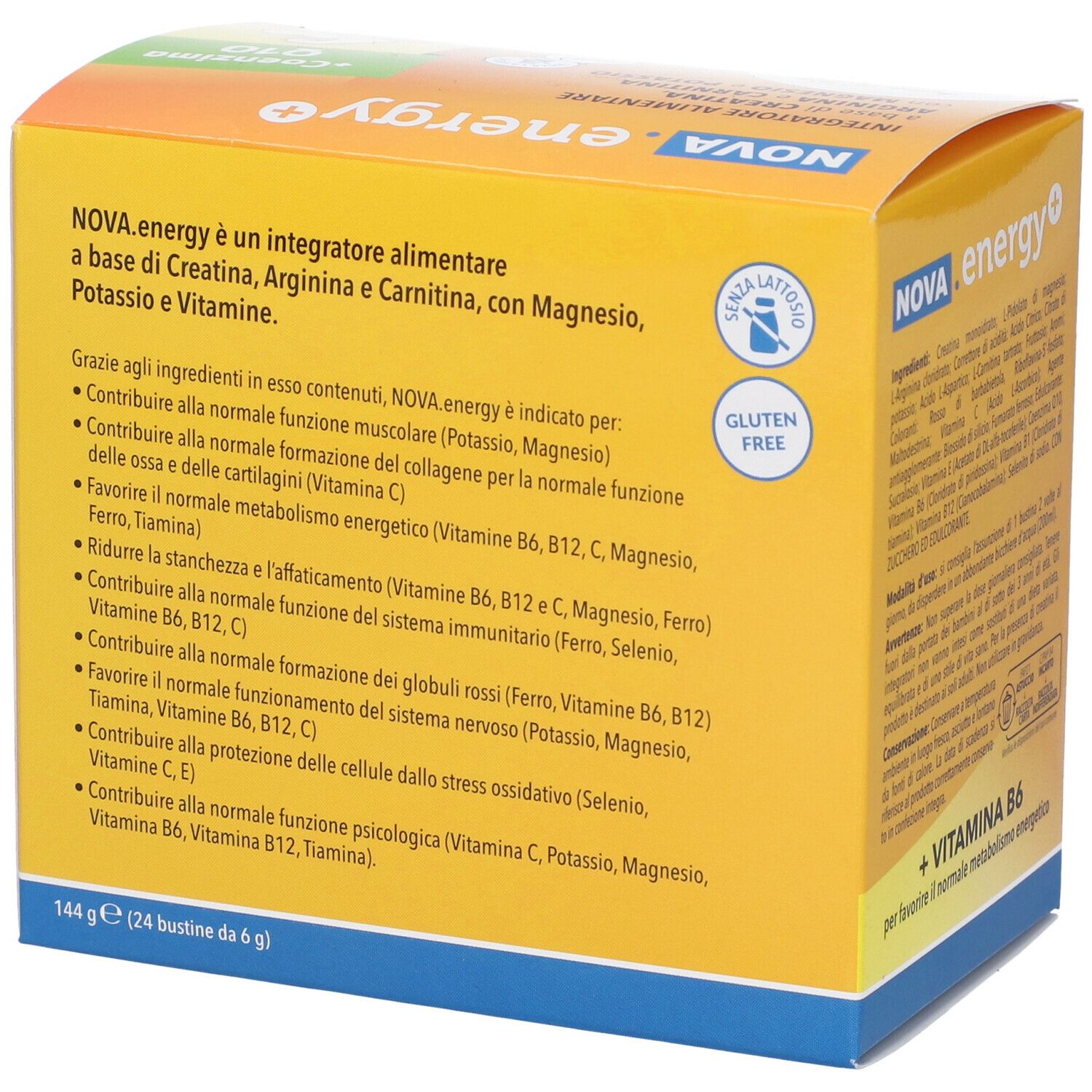 Retro della scatola NOVA.energy+. Contiene informazioni su ingredienti, dosaggio e valori nutrizionali. Senza glutine.