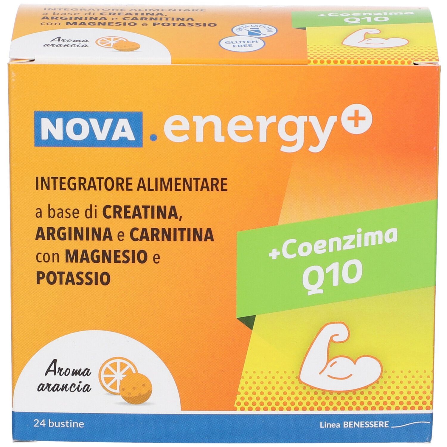 Scatola integratore alimentare NOVA.energy+. Scritta: +Coenzima Q10, Aroma arancia, 24 bustine. Contiene creatina, arginina, carnitina.