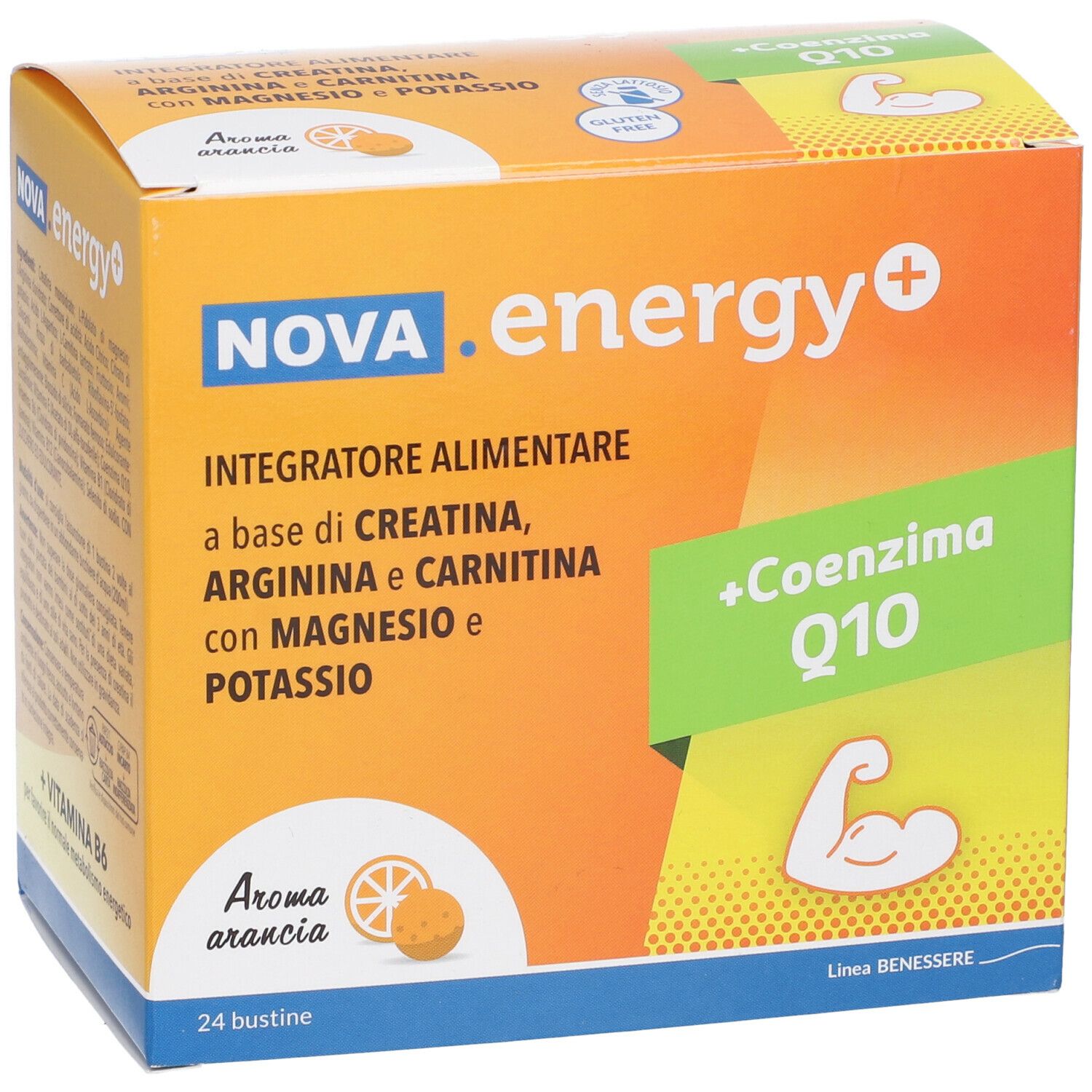 Scatola integratore alimentare NOVA.energy+. Scritta: +Coenzima Q10, Aroma arancia, 24 bustine. Contiene vitamina B6.