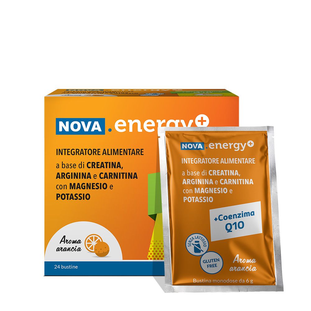Confezione integratore alimentare NOVA.energy+ con bustina aperta. Scritta: +Coenzima Q10, Senza glutine, Aroma arancia.