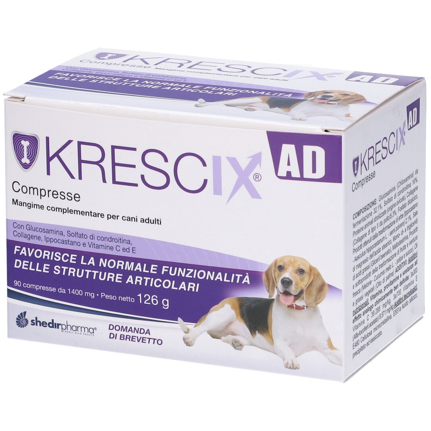 Scatola di compresse Krescix AD per cani. Stampa con nome del prodotto, ingredienti e immagine di cane.