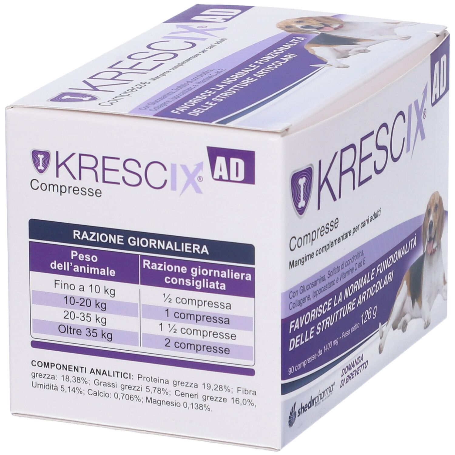 Scatola di compresse Krescix AD per cani. Stampa con nome del prodotto, tabella dosaggio e immagine di cane.