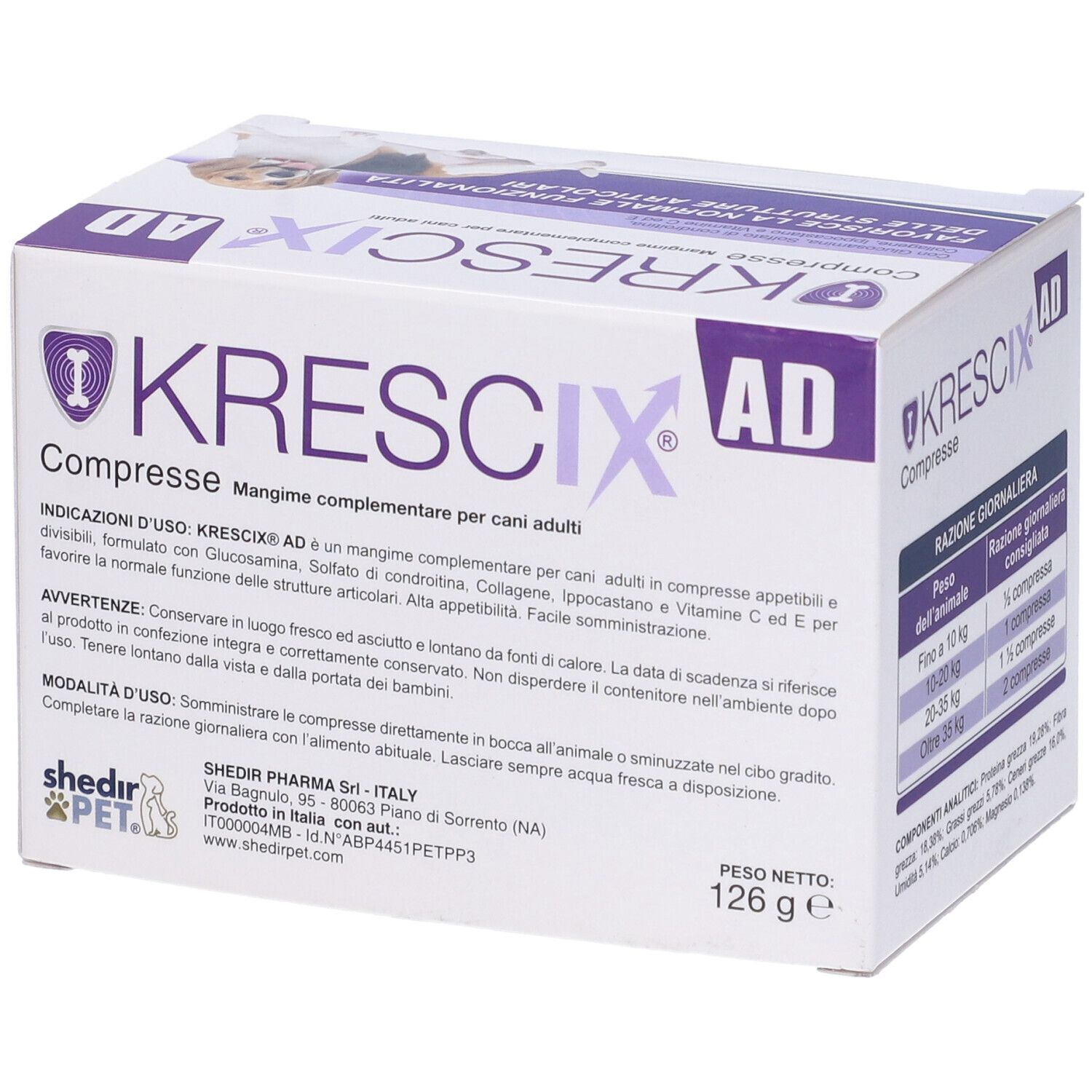 Scatola di compresse Krescix AD per cani. Stampa con nome del prodotto, istruzioni per l'uso e immagine di cane.