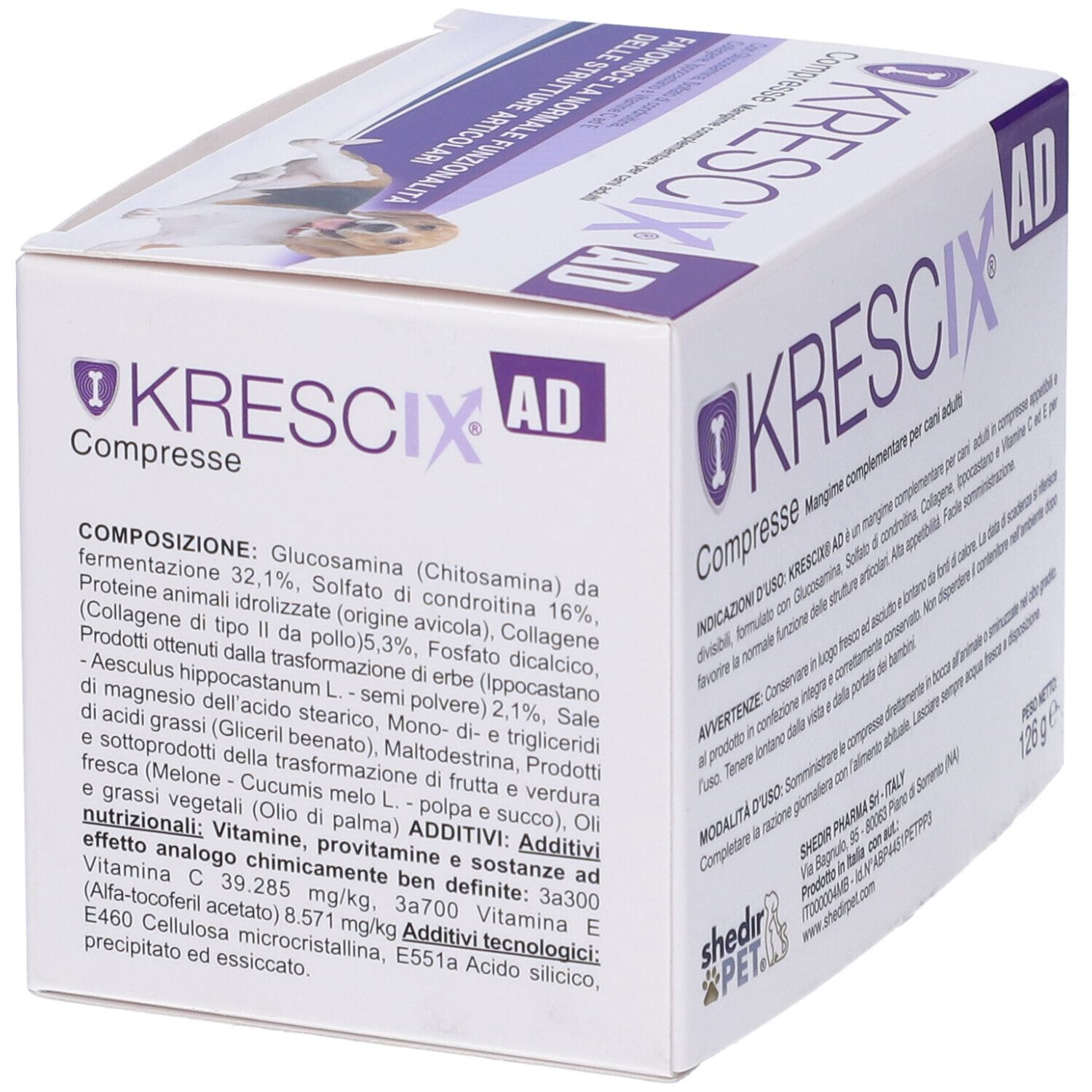 Scatola di compresse Krescix AD per cani. Stampa con nome del prodotto, ingredienti e immagine di cane.