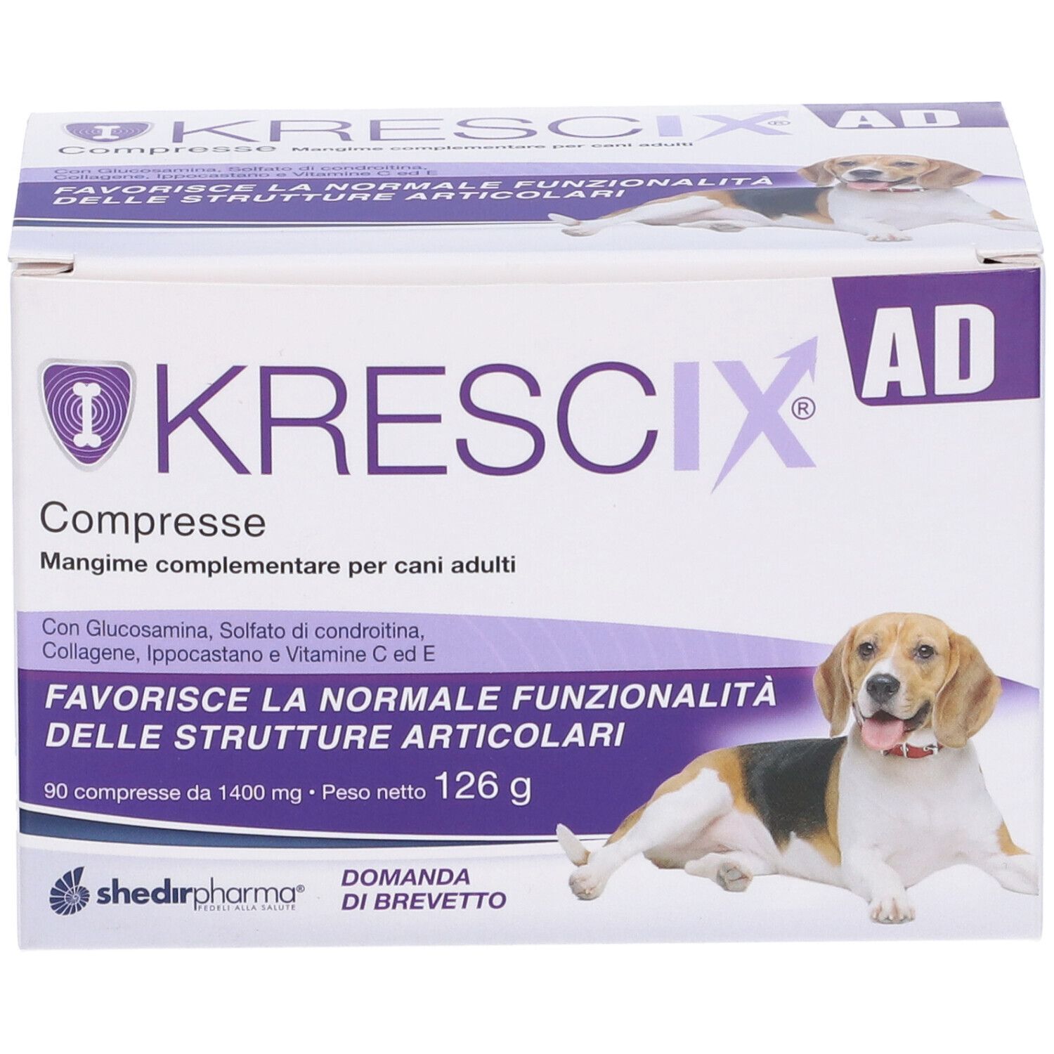Scatola di compresse Krescix AD per cani. Stampa con nome del prodotto, ingredienti e immagine di cane.