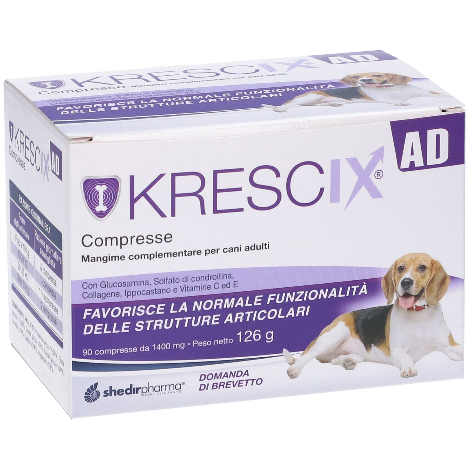 Scatola di compresse Krescix AD per cani. Stampa con nome del prodotto, ingredienti e immagine di cane.