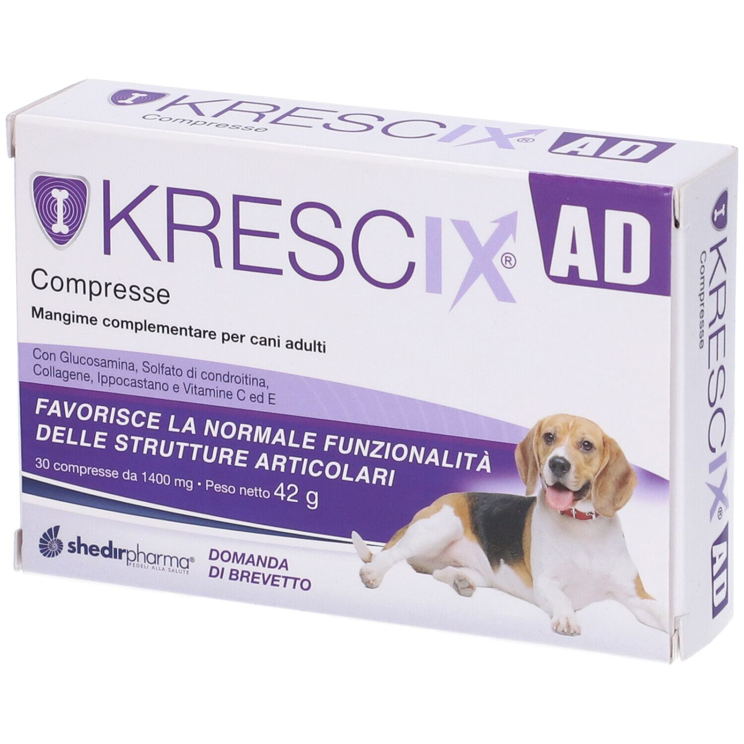 Scatola Krescix AD, 30 compresse. Immagine di un cane. Testo: 'Mangime complementare per cani adulti'.