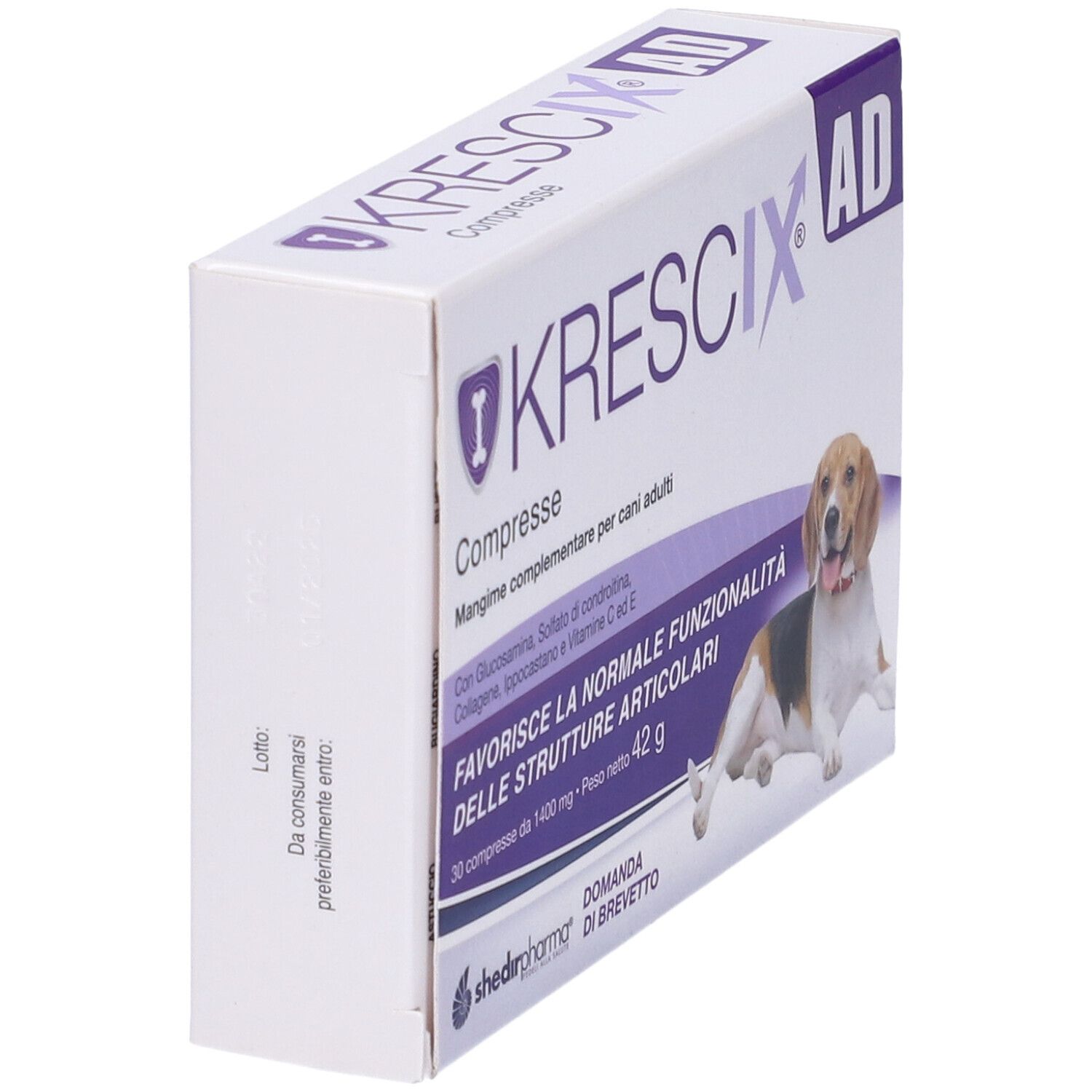 Confezione Krescix AD in prospettiva. Testo: 'Krescix AD Compresse'. Immagine di un cane.