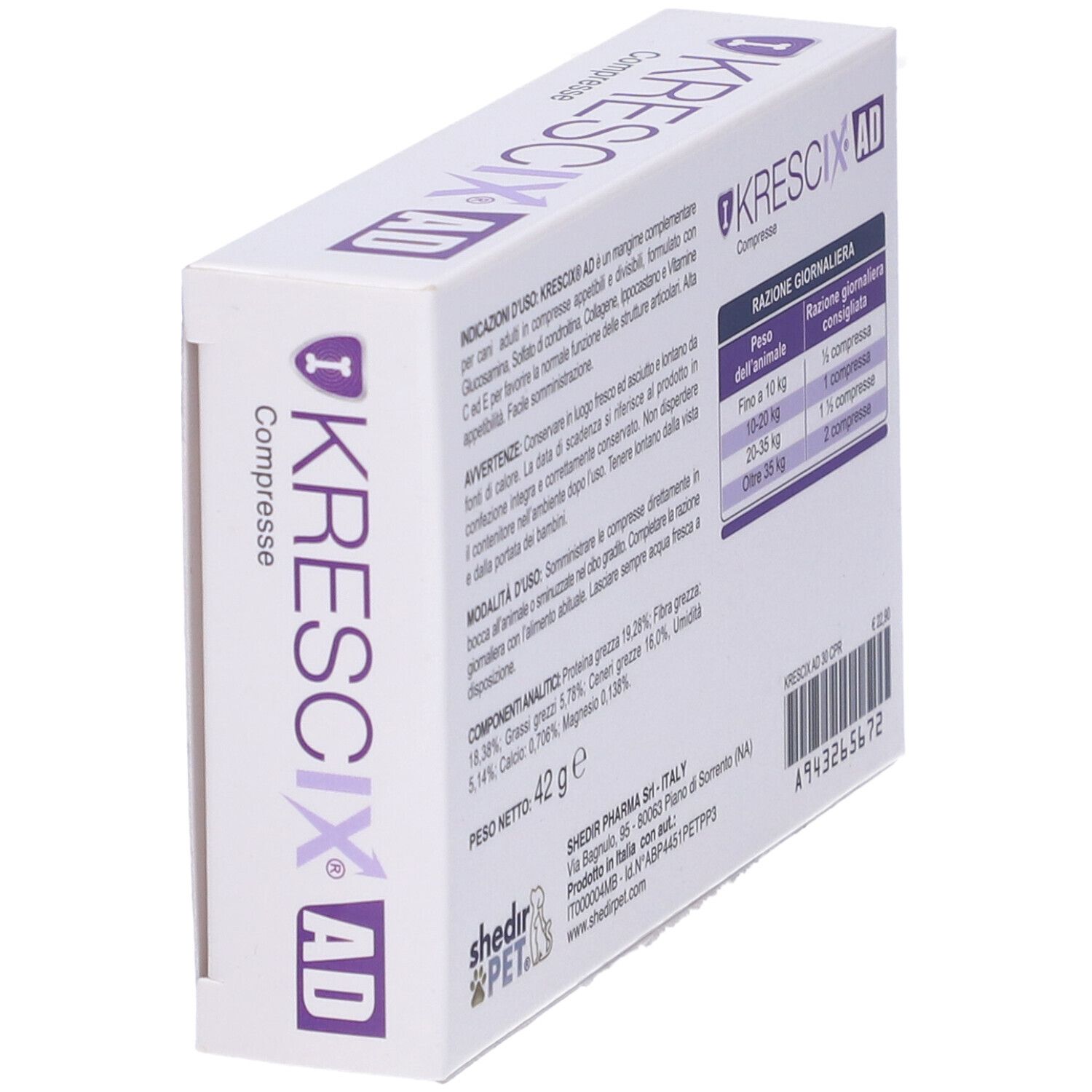 Confezione Krescix AD in prospettiva. Retro con tabella dosaggio e ingredienti. Peso: 42g.