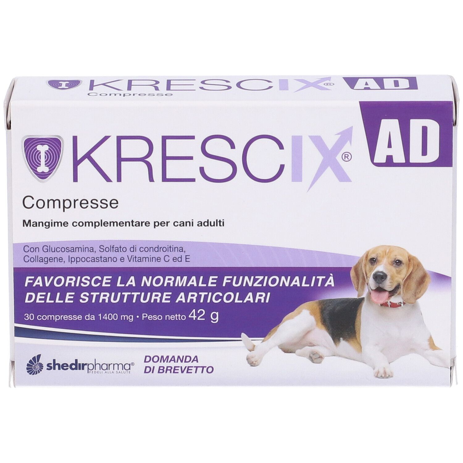 Confezione Krescix AD. Immagine di un cane. Testo: '30 compresse da 1400 mg'.