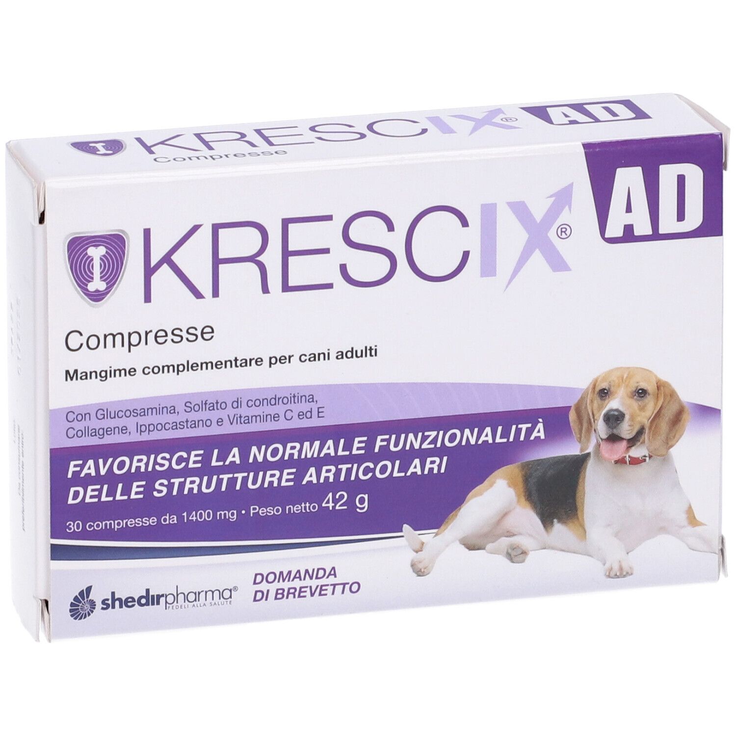 Confezione Krescix AD. Immagine di un cane. Testo: '30 compresse da 1400 mg'.