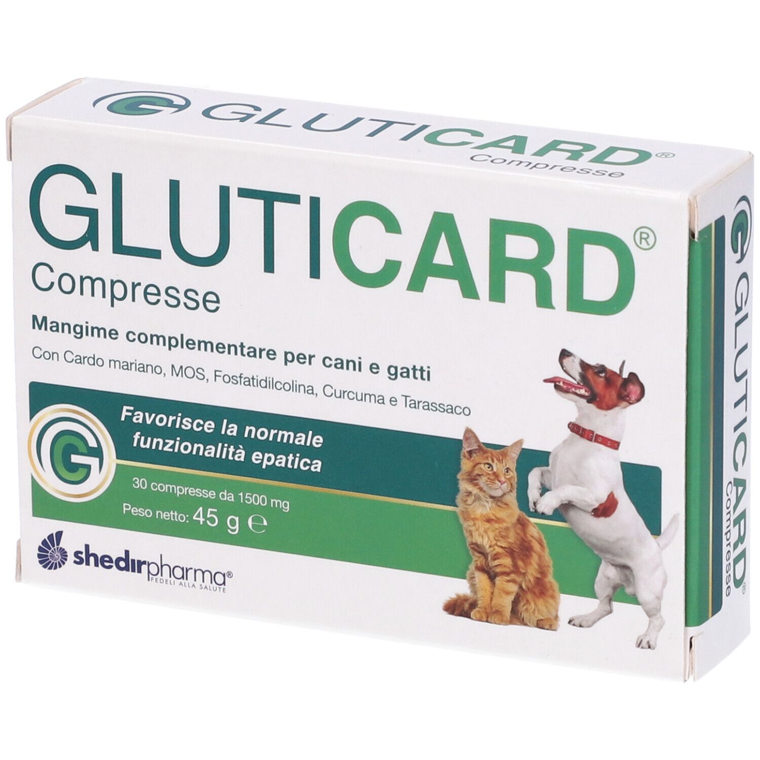Scatola 'Gluticard Compresse' per cani e gatti. Immagine di gatto e cane. Contiene 30 compresse.