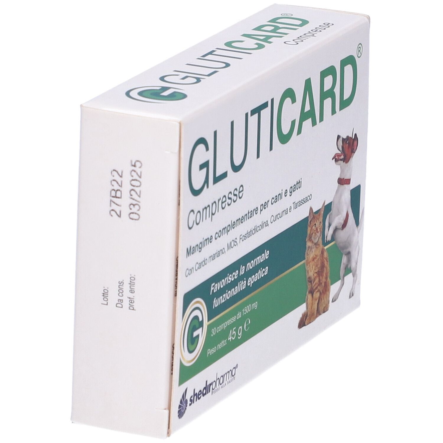 Scatola 'Gluticard Compresse'. Vista laterale. Testo: 'Mangime complementare per cani e gatti'. Scadenza 03/2025.
