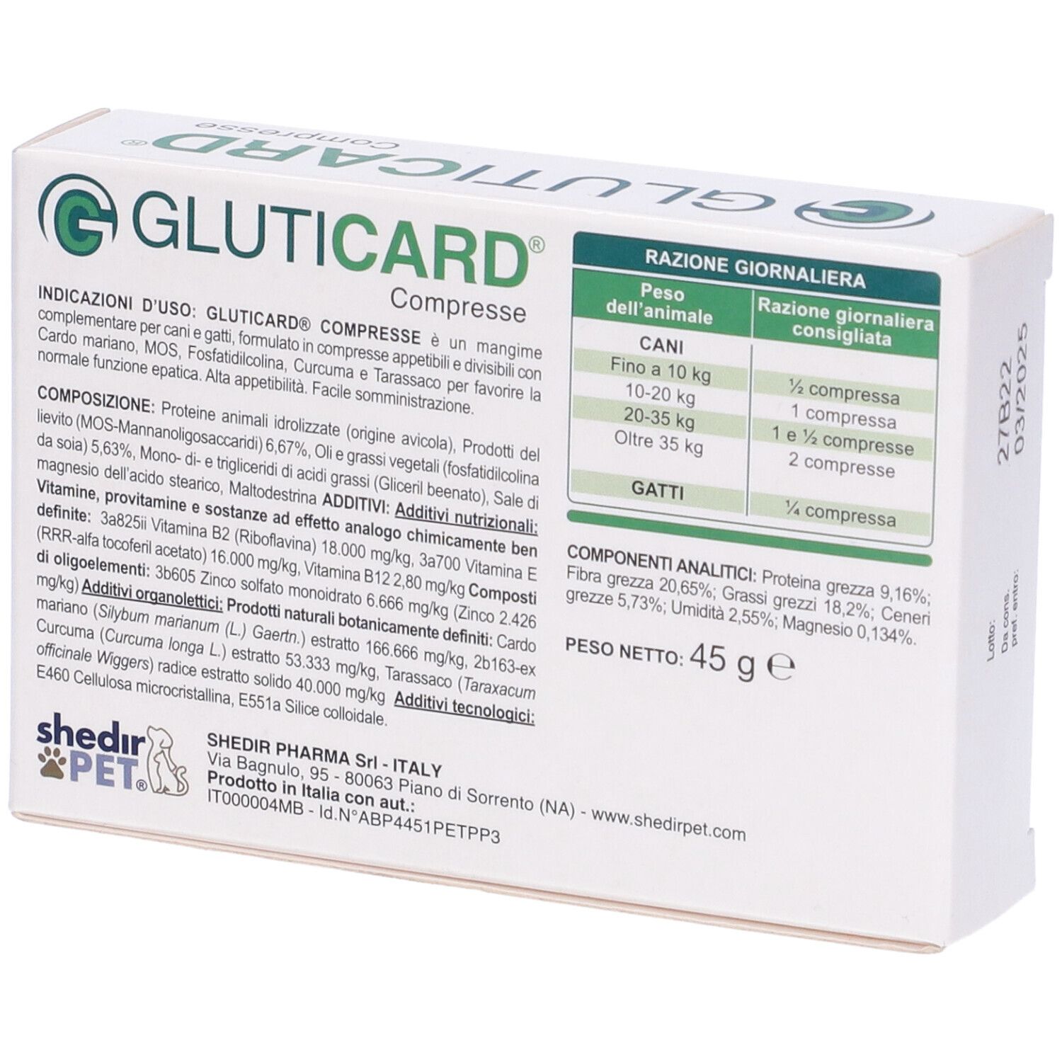 Retro della scatola 'Gluticard Compresse'. Contiene informazioni sugli ingredienti e il dosaggio per cani e gatti.