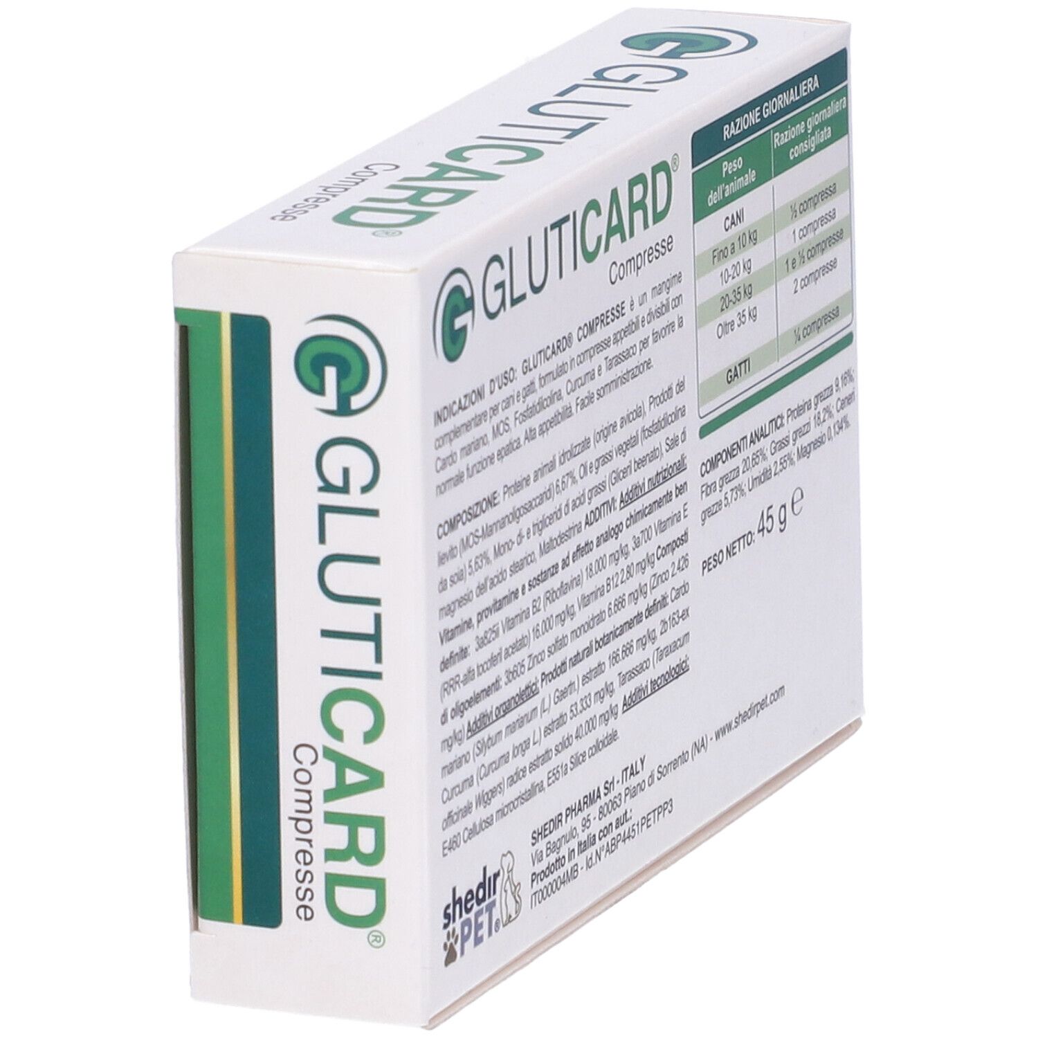 Vista laterale della scatola 'Gluticard Compresse'. Colori verde e bianco. Contiene informazioni sugli ingredienti e il dosaggio.