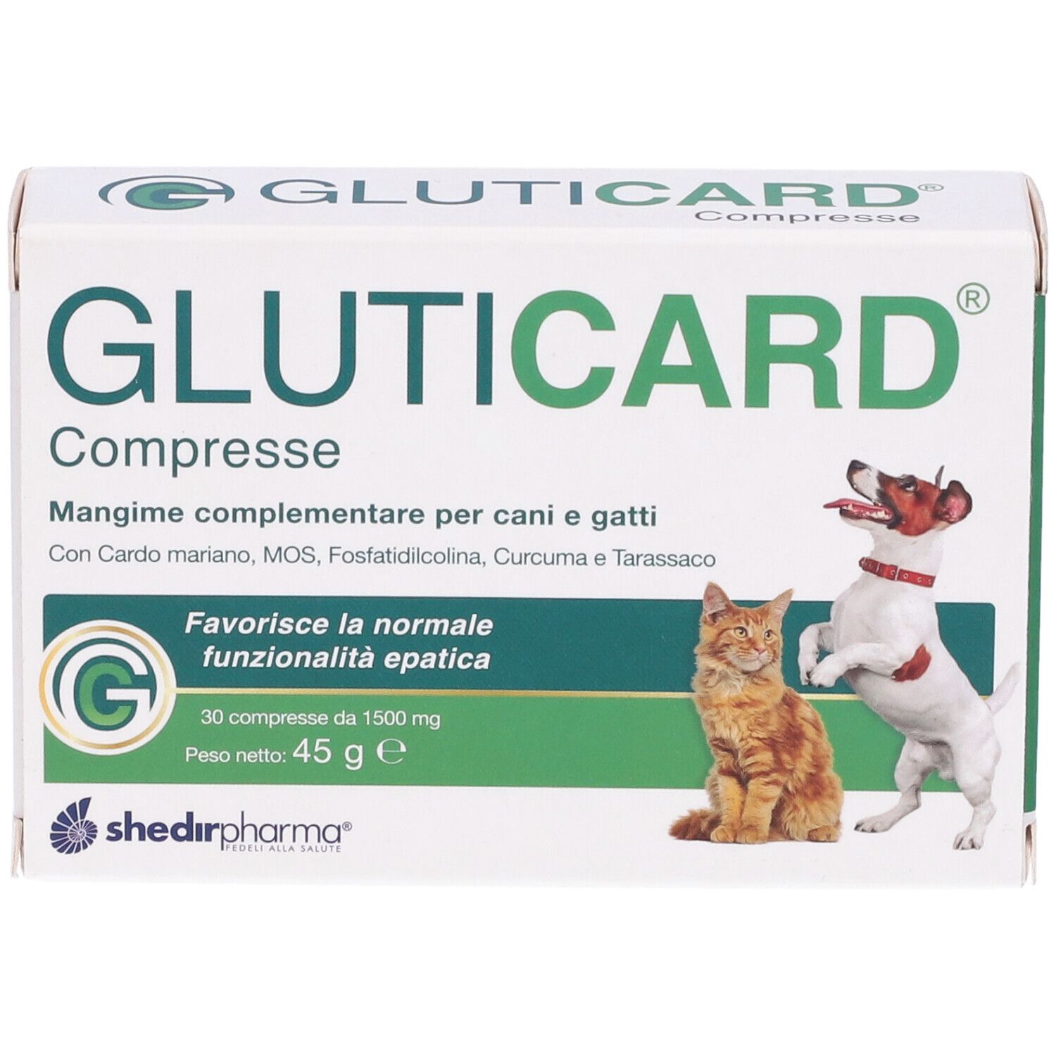 Scatola 'Gluticard Compresse' per cani e gatti. Immagine di gatto e cane. Contiene 30 compresse.