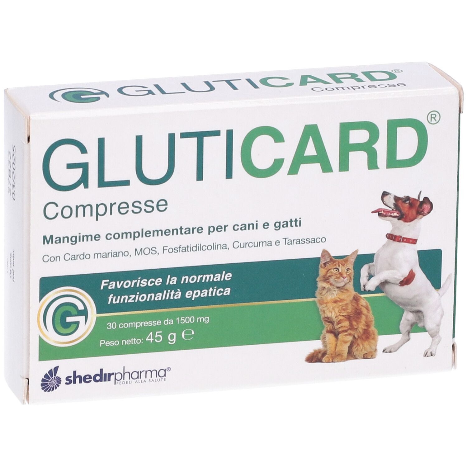 Scatola 'Gluticard Compresse' per cani e gatti. Immagine di gatto e cane. Contiene 30 compresse.