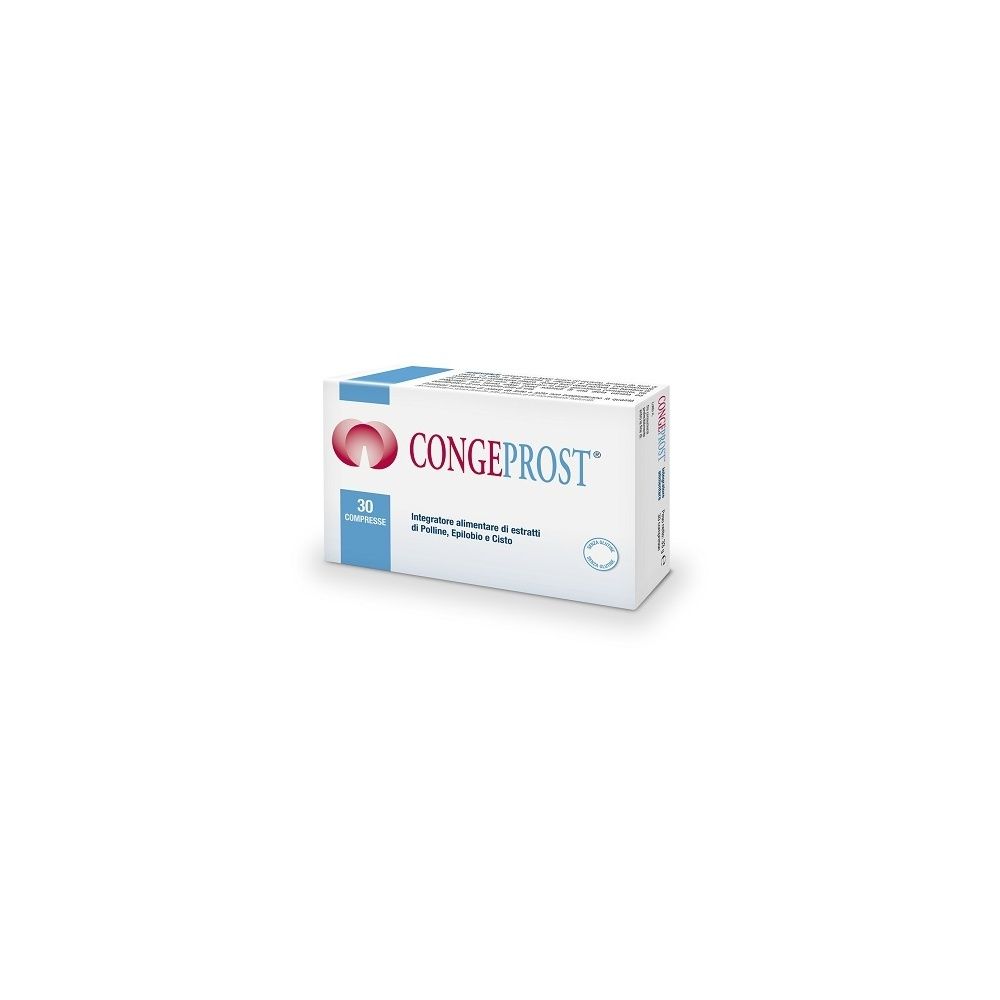 Scatola di "Congeprost Compresse". Bianca, logo rosso, testo blu. Contiene 30 compresse.
