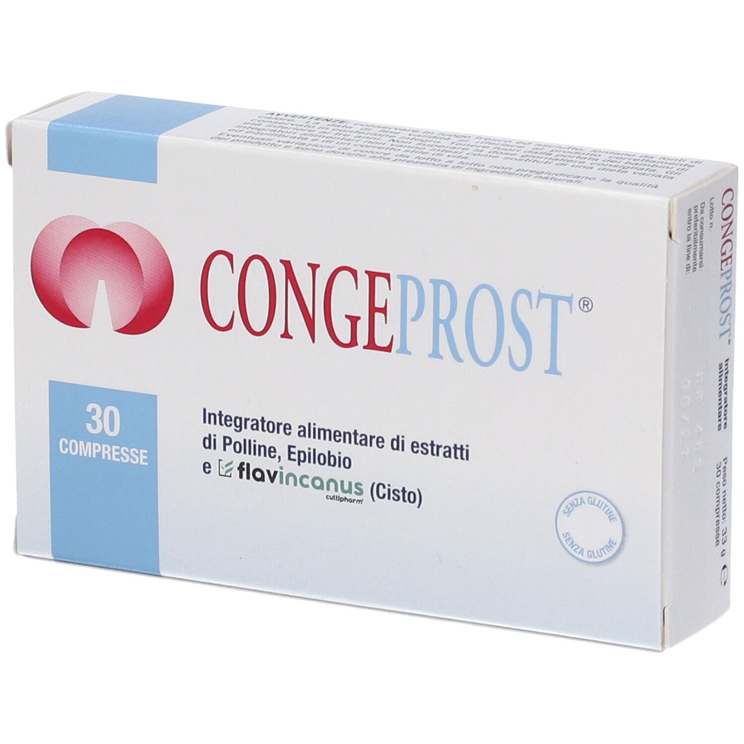 Scatola bianca "Congeprost Compresse" con logo rosso e testo blu. 30 compresse. Senza glutine.