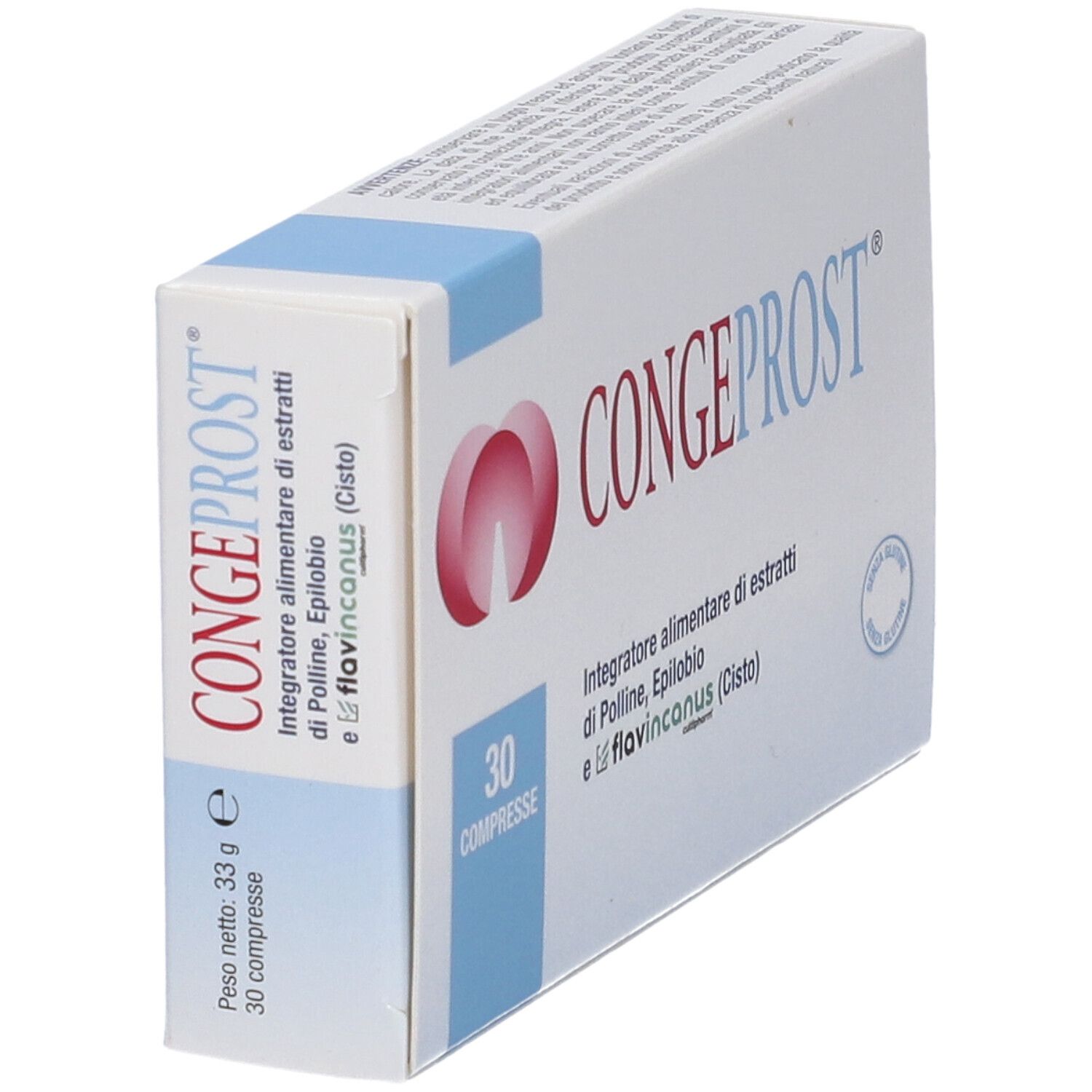 Scatola "Congeprost Compresse" con logo rosso e testo blu. 30 compresse. Vista laterale.