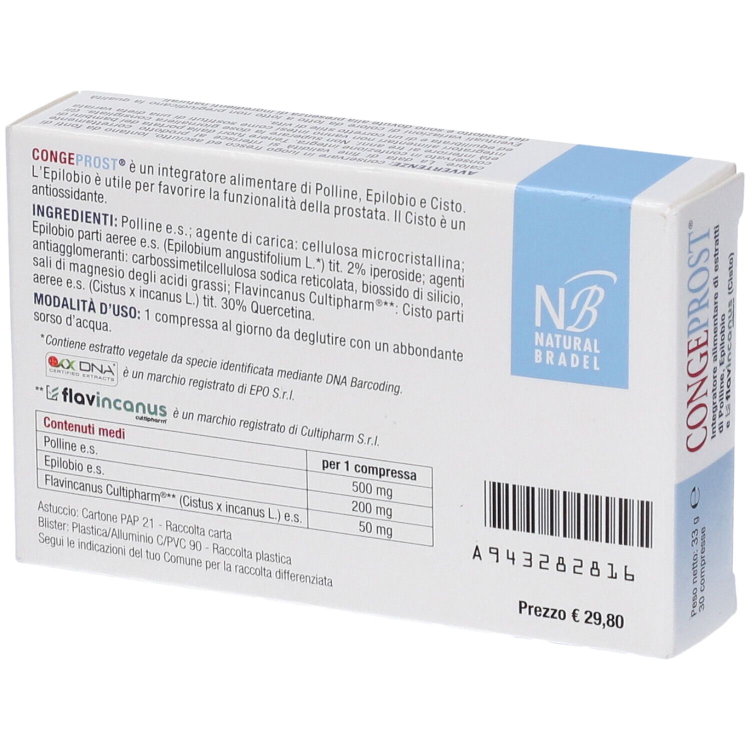 Retro della scatola "Congeprost Compresse". Contiene ingredienti, istruzioni per l'uso e informazioni nutrizionali.