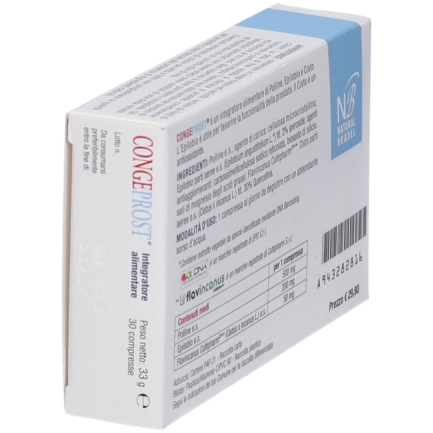 Scatola "Congeprost Compresse". Retro con ingredienti, istruzioni per l'uso e informazioni nutrizionali.
